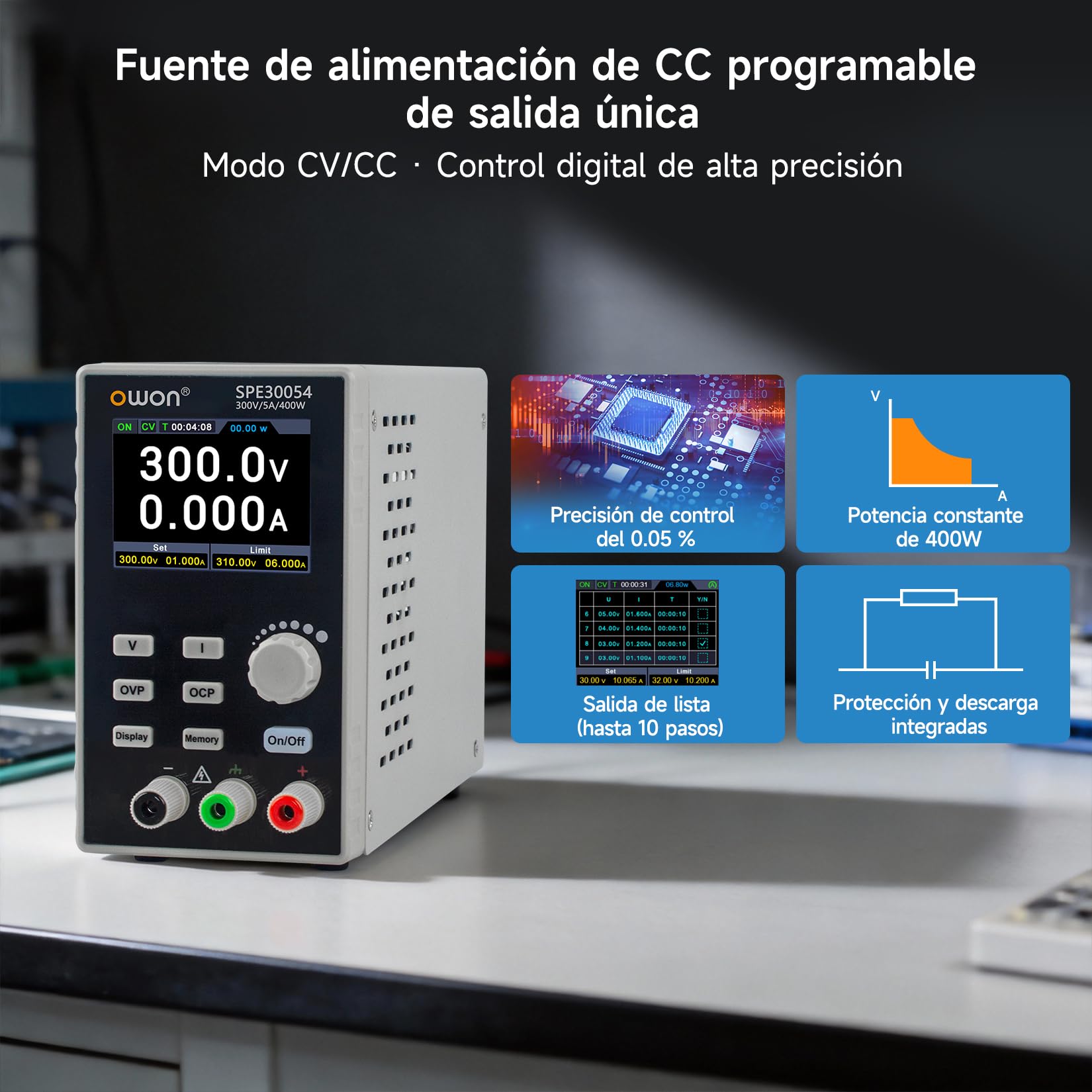 OWON SPE30054 Fuente de Alimentación DC Programable 300V 5A 400W, Salida Única, Modos CV/CC, Interfaz USB, Soporte Modbus y SCPI