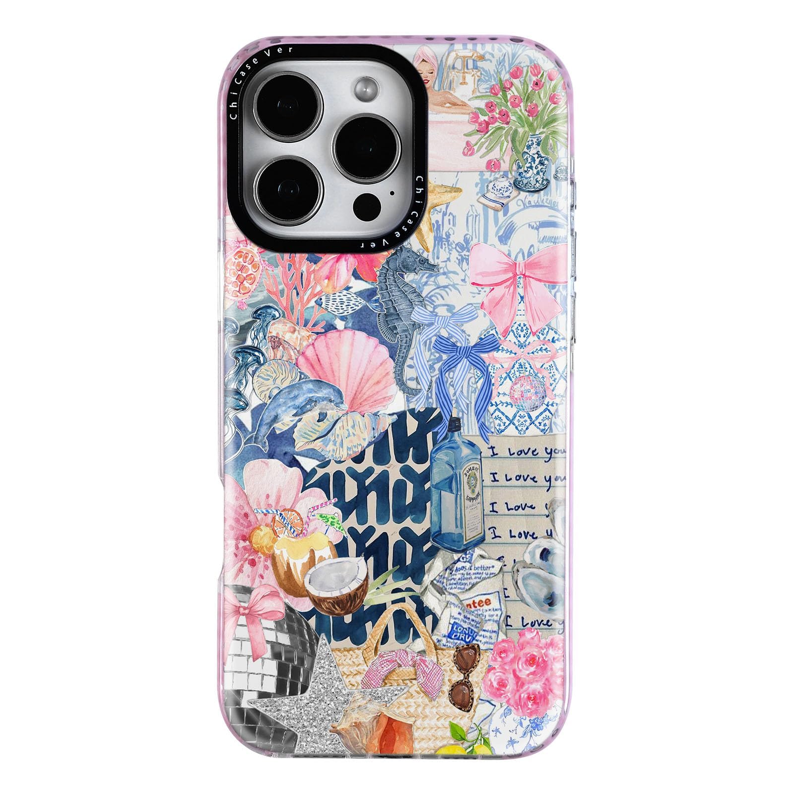 ChiCaseVer for iPhone 12 Pro Case, Coastal Romantic Y2K Seahorse Spring Art Collage Design Pattern Aesthetic, Military-Grade Drop Protection, Ocean