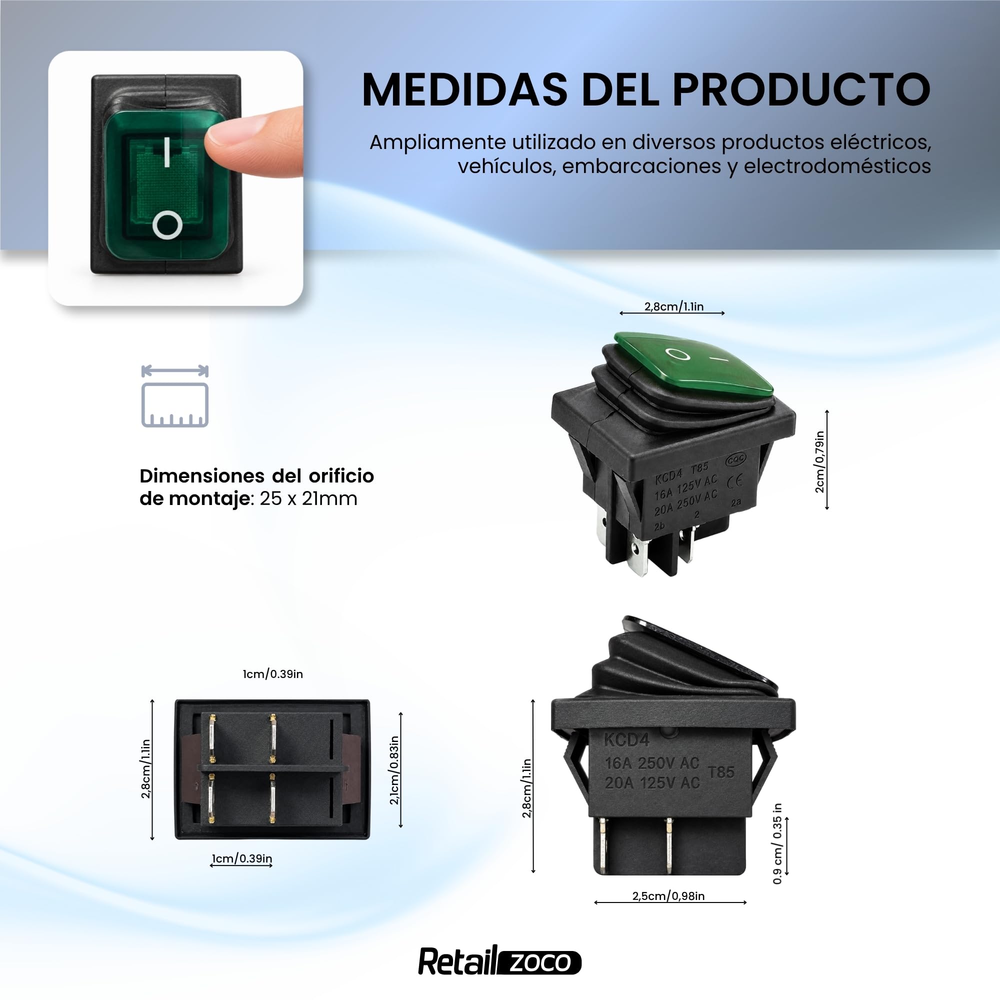 Interruptor Basculante DPST ON/OFF 4 pin, Luz Verde, 1 Unidad - imagen 4