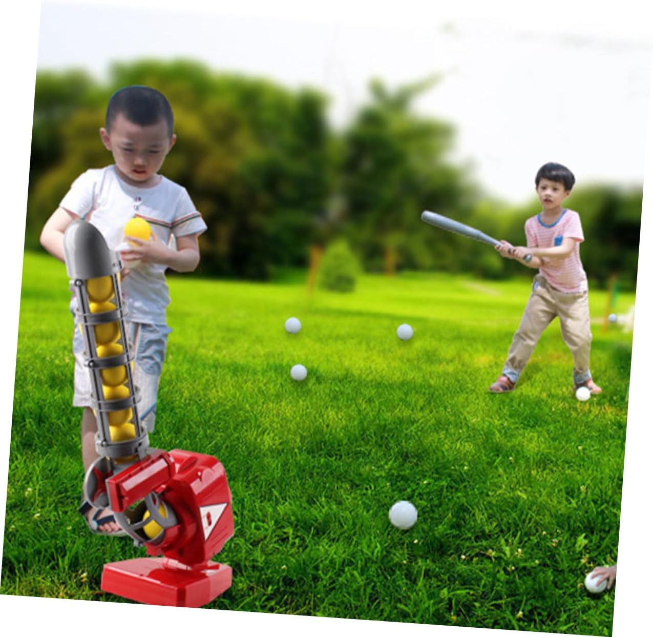 Outdoor Baseball Trainer with Automatic Plastic Ball Machine Safe Softballs Bat Net for Skill Practice Portable Non-Electric Pitching Equipment for Indoor and Outdoor Use