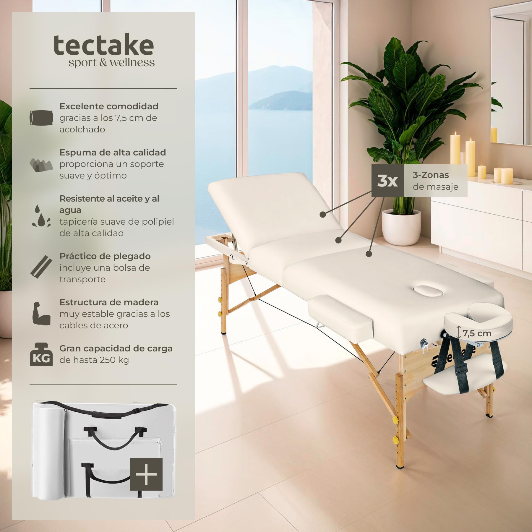 tectake Camilla Masaje Plegablle para Fisioterapia Tatuajes Quiromasaje, Camilla Portátil Ajustable para Estética Belleza, Carga 250kg y Acolchado de 7,5cm, con Accesorios - Beige