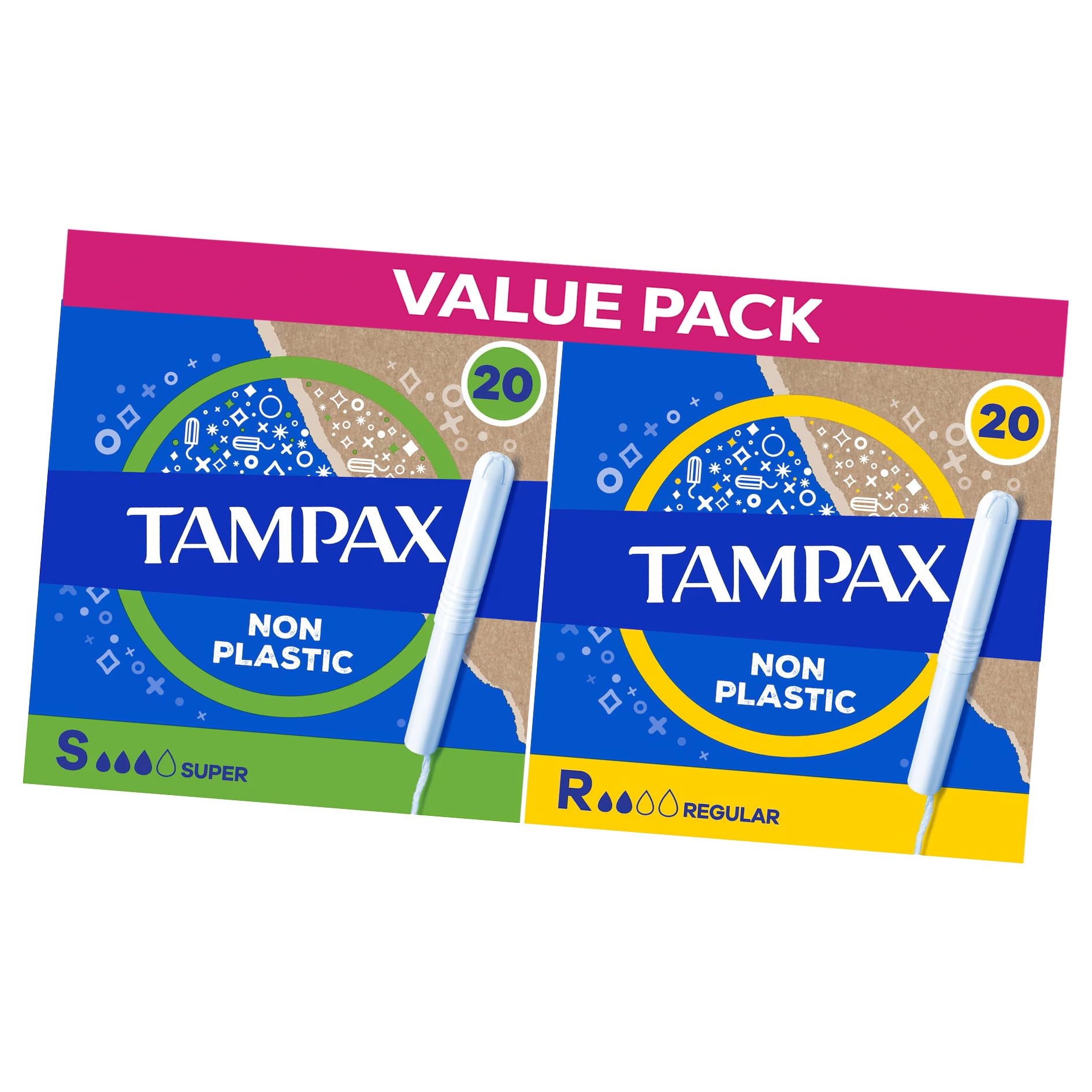 Tampax Super + Tampax Regular Tampons Bundle - 40 Count (20 of Each) Cardboard Applicator Medium & Ligth Flow Protection in One Pack