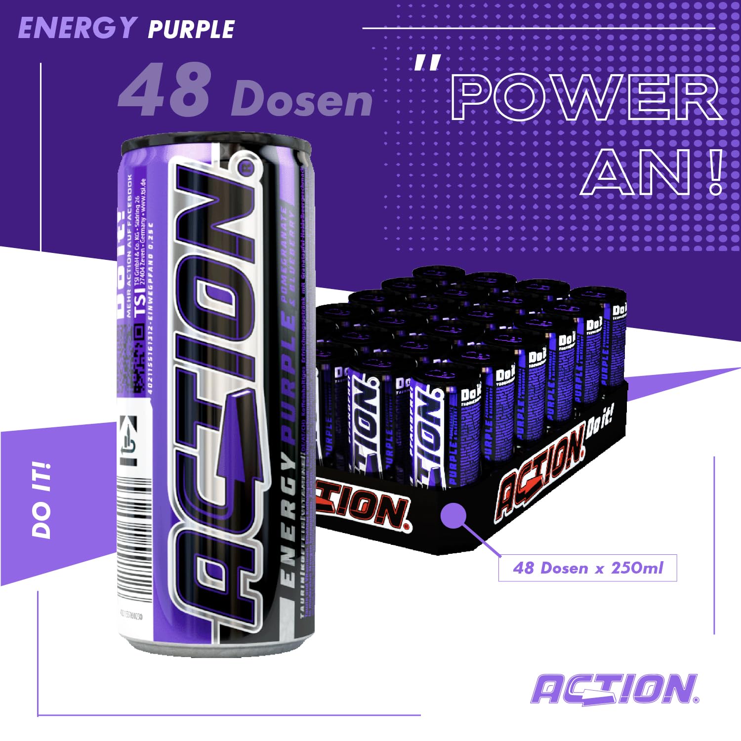 Action Energy Drink Purple (48 x 250 ml) incluye depósito – Refresco con sabor a granada y arándanos – patata energética con mayor contenido de cafeína 32 mg/100 ml cafeína rendimiento mejorado