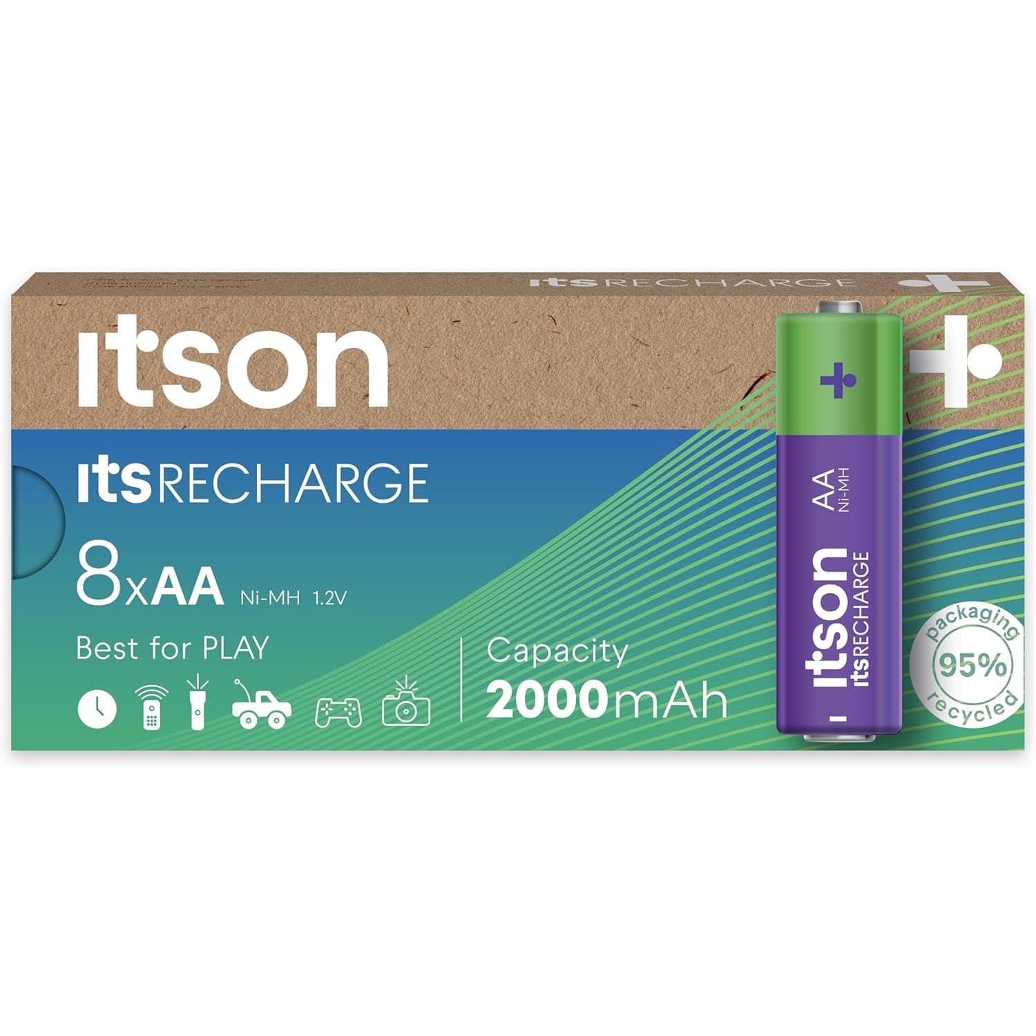 ITSON Lot de 4 x 8 Piles Rechargeables AA prêtes à l'emploi Pro NiMH, 2000 mAh. Idéales pour télécommandes, Torches, horloges