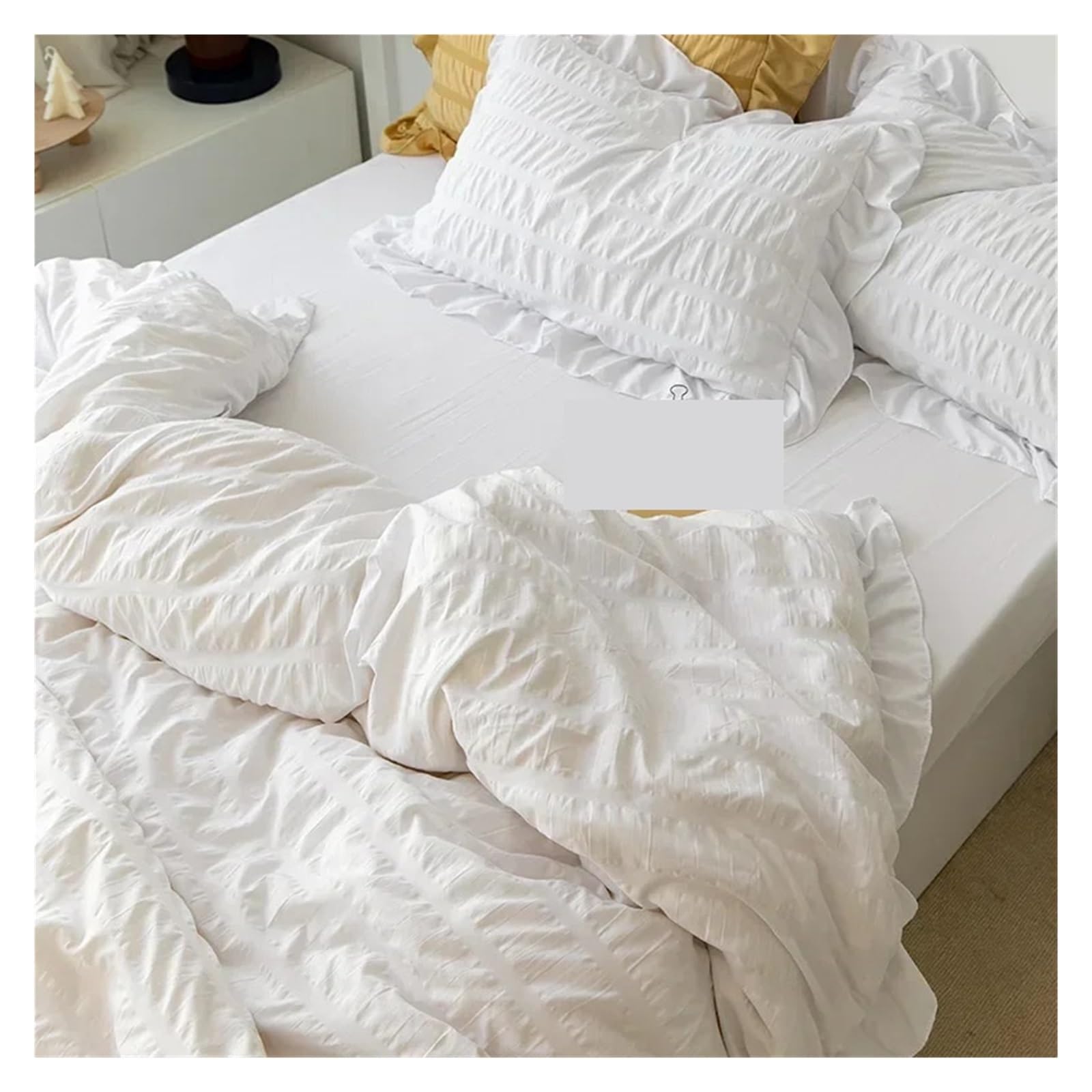 GCYEIDMA Ruffle Duvet Cover Ruffled Seersucker Duvet Cover Set 3/4pcs Soft Lightweight Down Alternative Grey Bedding with Bed Skirt and Pillowcases(White,BED SKIRT_KING 4PCS)