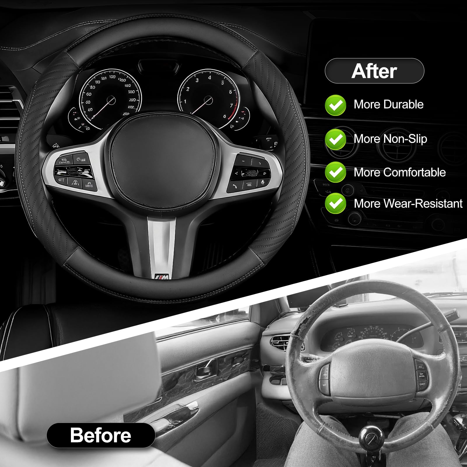 Car Steering Wheel Cover Leather - Soft Microfiber Steering Wheel Cover Universal Size M 37-38cm /14.5-15inch, Anti-slip, Breathable, Black — view 3