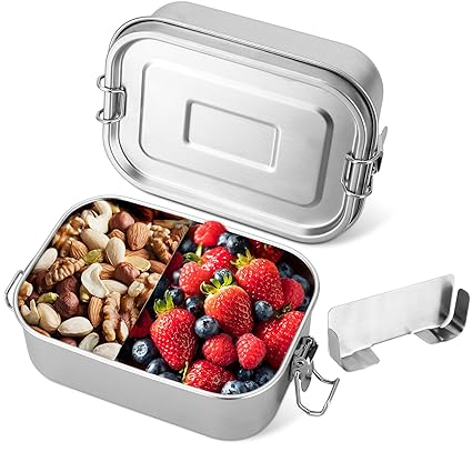 MOZAOUSA Stainless Steel Bento Box Adult | 27oz | with Removable Divider, Leak-Proof Metal Lunch Box/Food Containers with Lids, Eco-Friendly Healthy Meal Storage Solution for Travel & Work (750ml)
