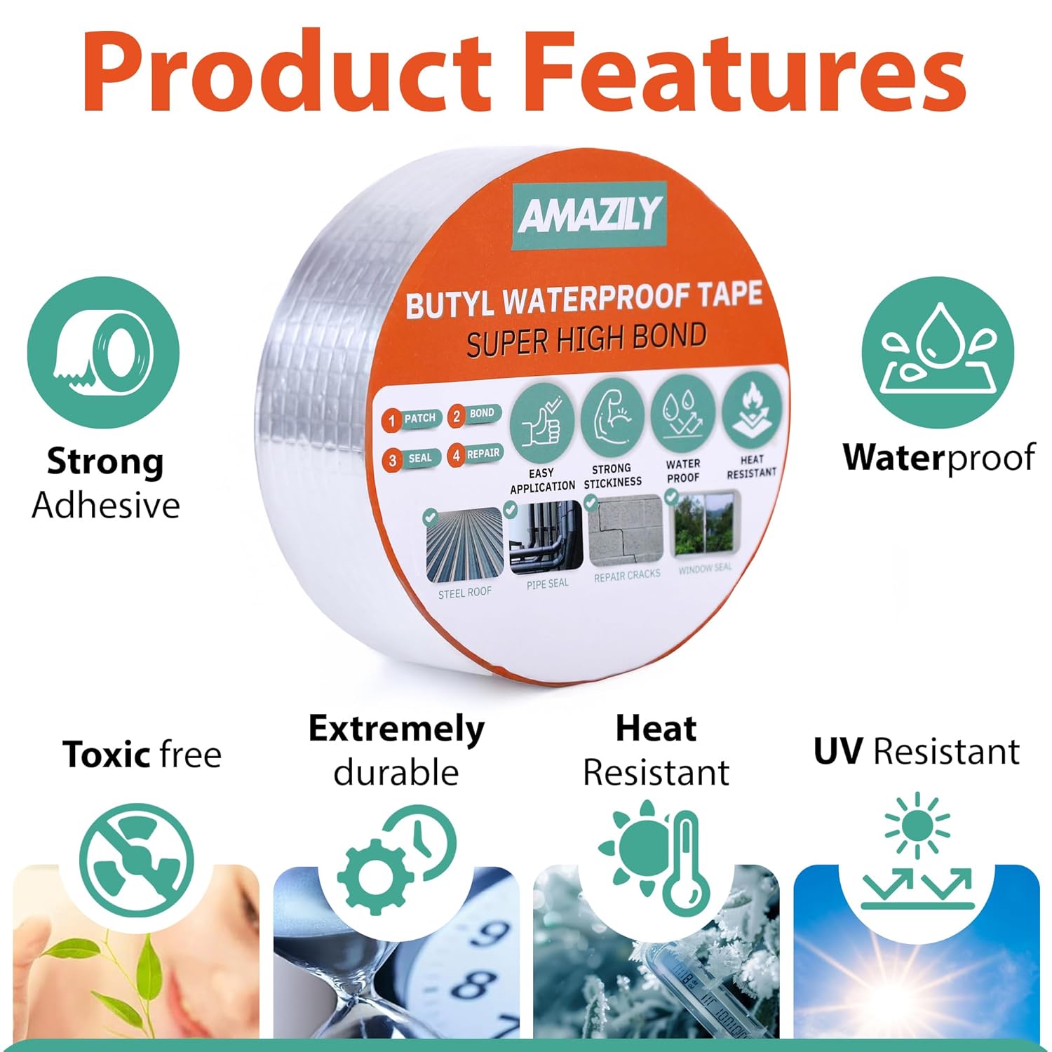Premium 2in x 32ft Butyl Waterproof Tape - Duct Pipe Sealant Tape Repair Seal Leak Pipe Aluminium Rubber Sealer Window Silicon Metal Silicon Sealing Adhesive Roof