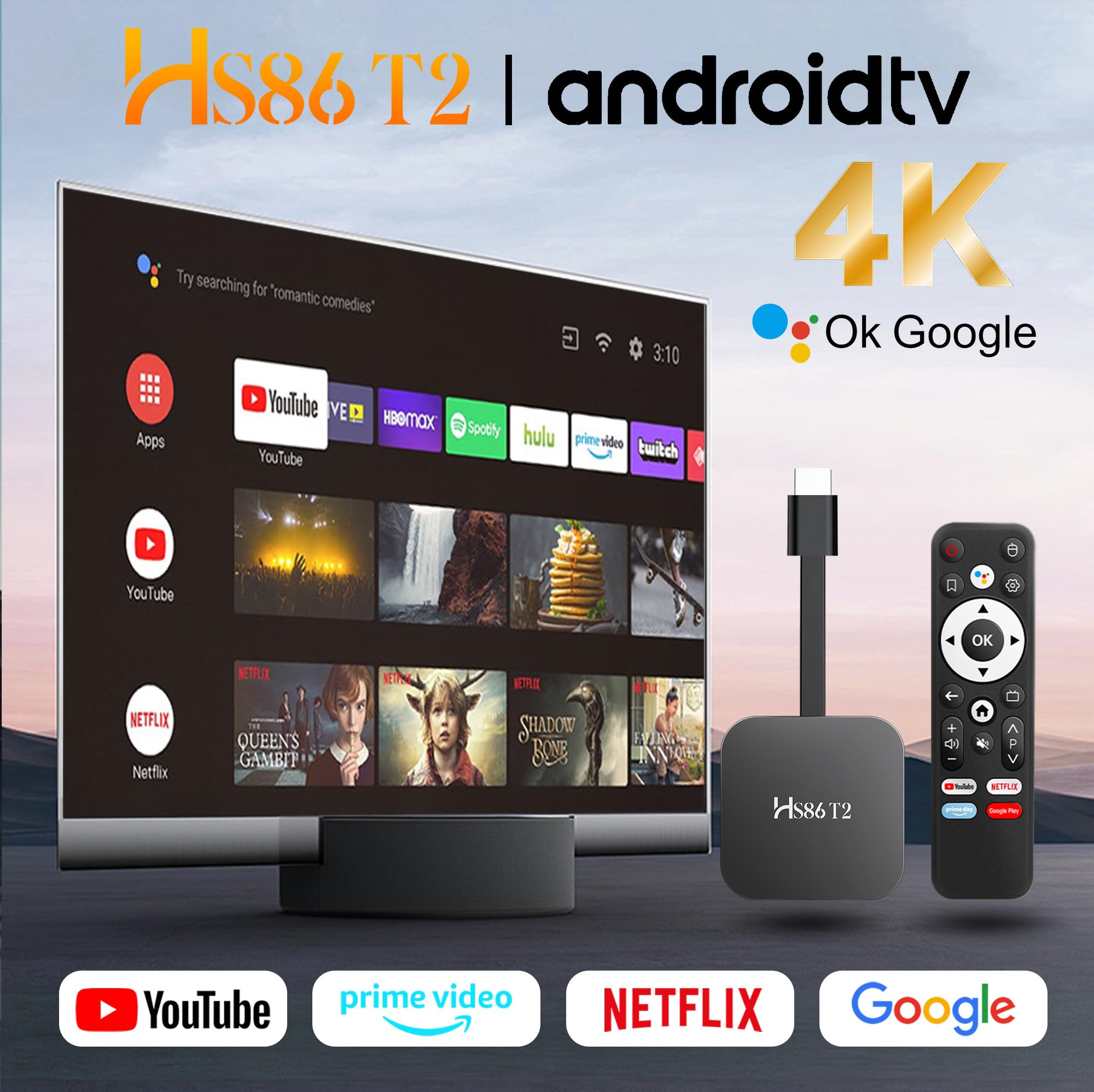 Android TV Stick 14.0, Smart TV Stick 2 Go de RAM, 16 Go de ROM, puce RK3518, double WiFi 2,4 G/5,8 G, BT5.0, HDMI 2.0 et HD 4K, télécommande vocale, prise en charge vidéo et audio Noir 2026