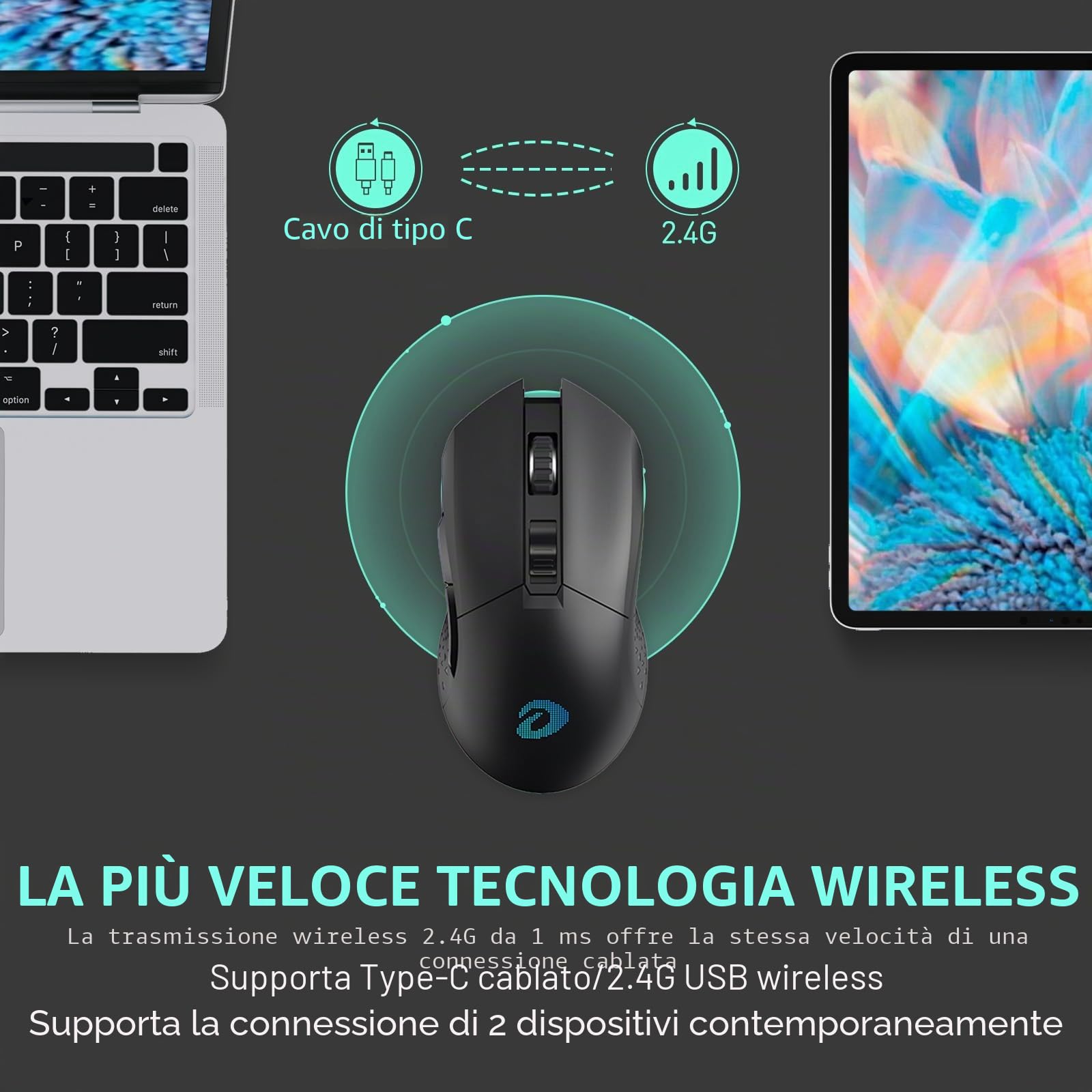 DAREU EM901X Gaming Mouse da gioco wireless con dock di ricarica RGB ricaricabile, 12K DPI, 6 pulsanti programmabili, sensore ad alta precisione [300IPS] [1000Hz] per PC Notebook Mac