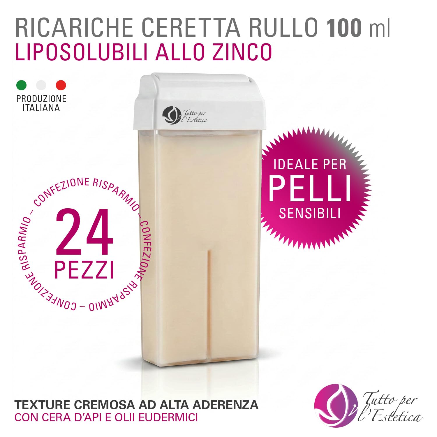24 Ricariche Ceretta Rullo 100 ml, Cera Liposolubile allo Zinco | Ricarica per Scaldacera a Rullo per Depilazione Professionale e Casalinga, Con Cera d’Api e Olii per Pelli Sensibili