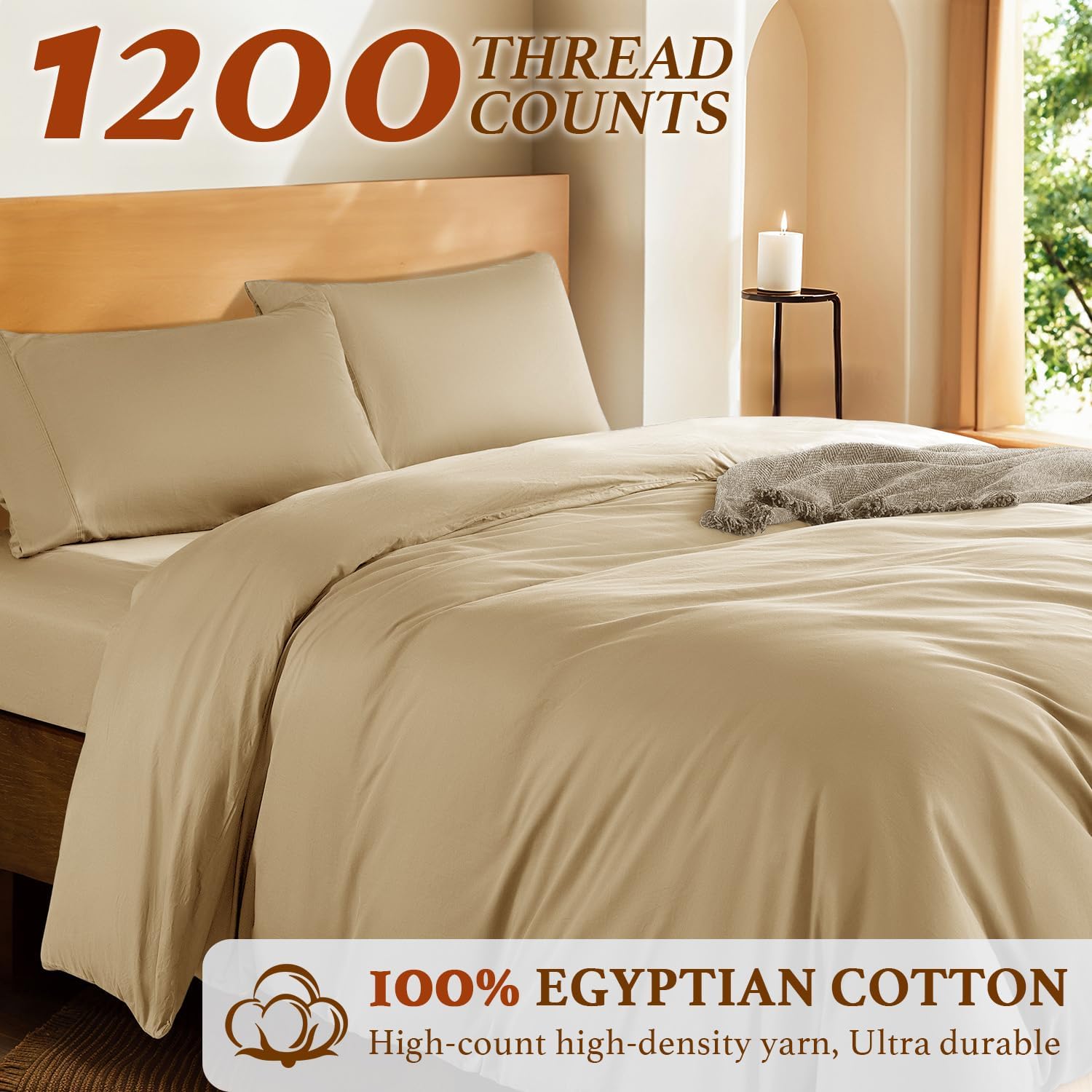DEITAS 100% Cotton Queen Duvet Covers 3 Piece,1200 Thread Count，Beige image 2