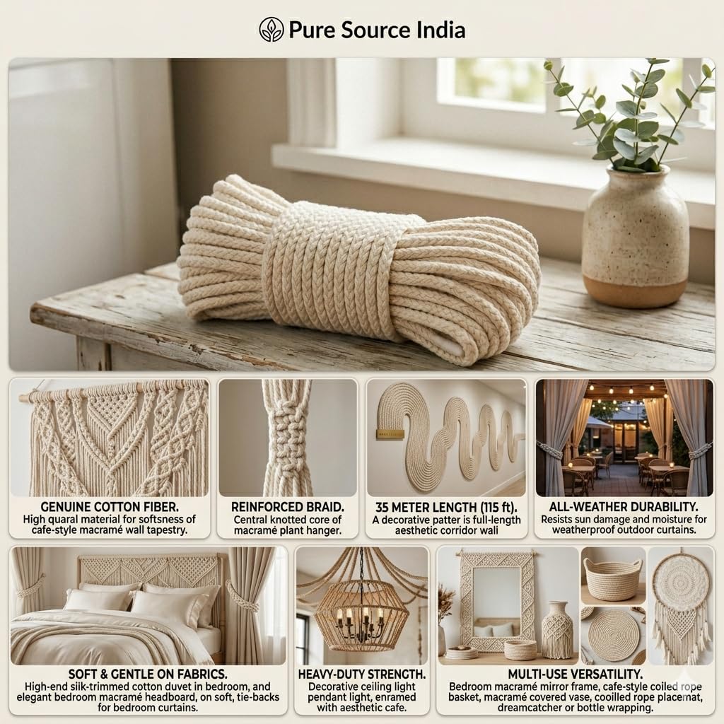 Pure Source India Cloth Line Cotton Rope Braided, for Drying Clothes, 20 Mtr (Natural White) 1