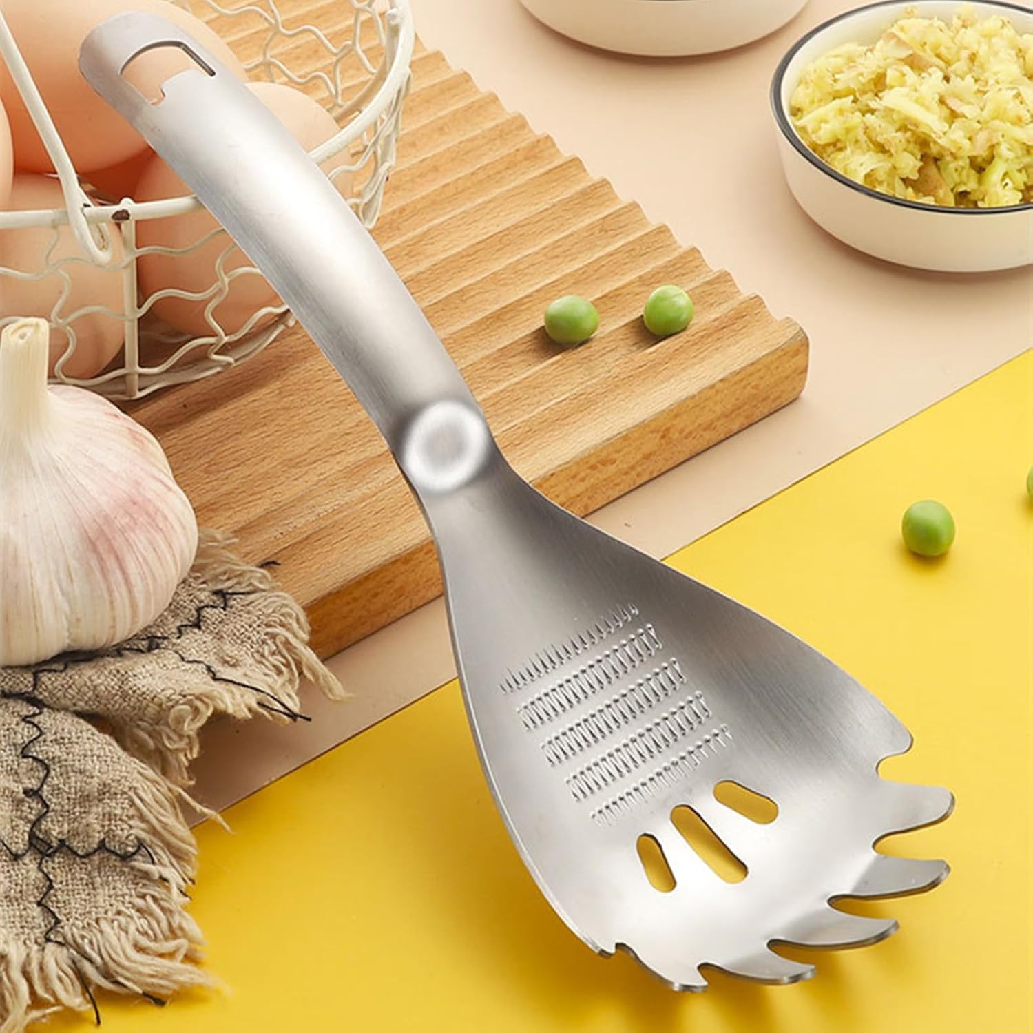 5 in 1 Egg Separator for Raw Eggs, Potato Masher Multifunction Cooking Spoon, Egg Yolk Separator, Grater Plate, Bottle Opener & Slotted Spoon 304 Stainless Steel New