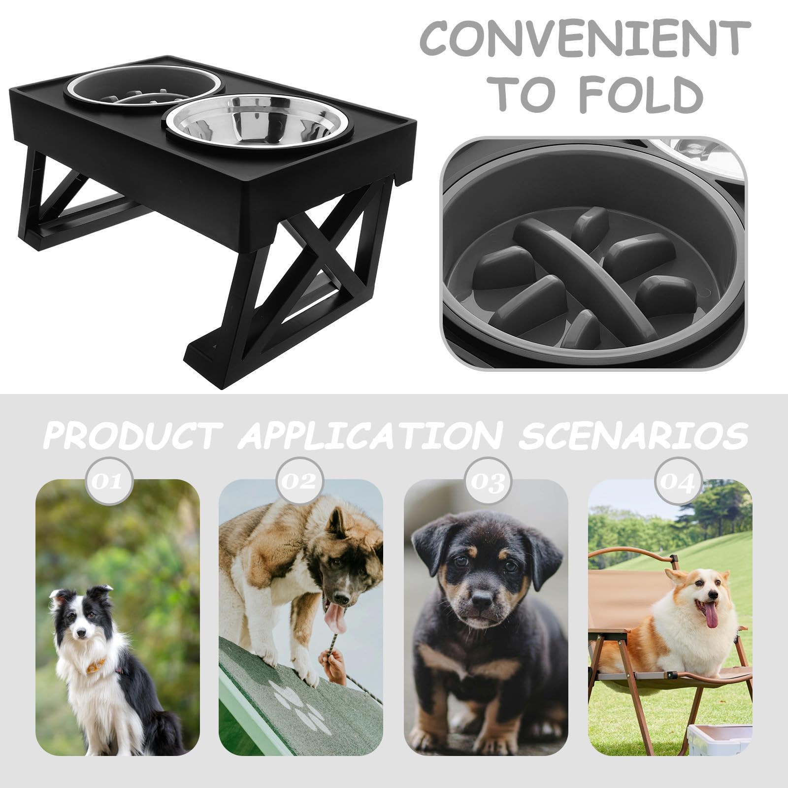 POPETPOP Gamelle pour Chat Gamelle Anti-glouton pour Chien en Acier Inoxydable et Abs, Double Bol Surélevé, pour Nourriture et Eau, Chats et Chiens, Maison et Extérieur