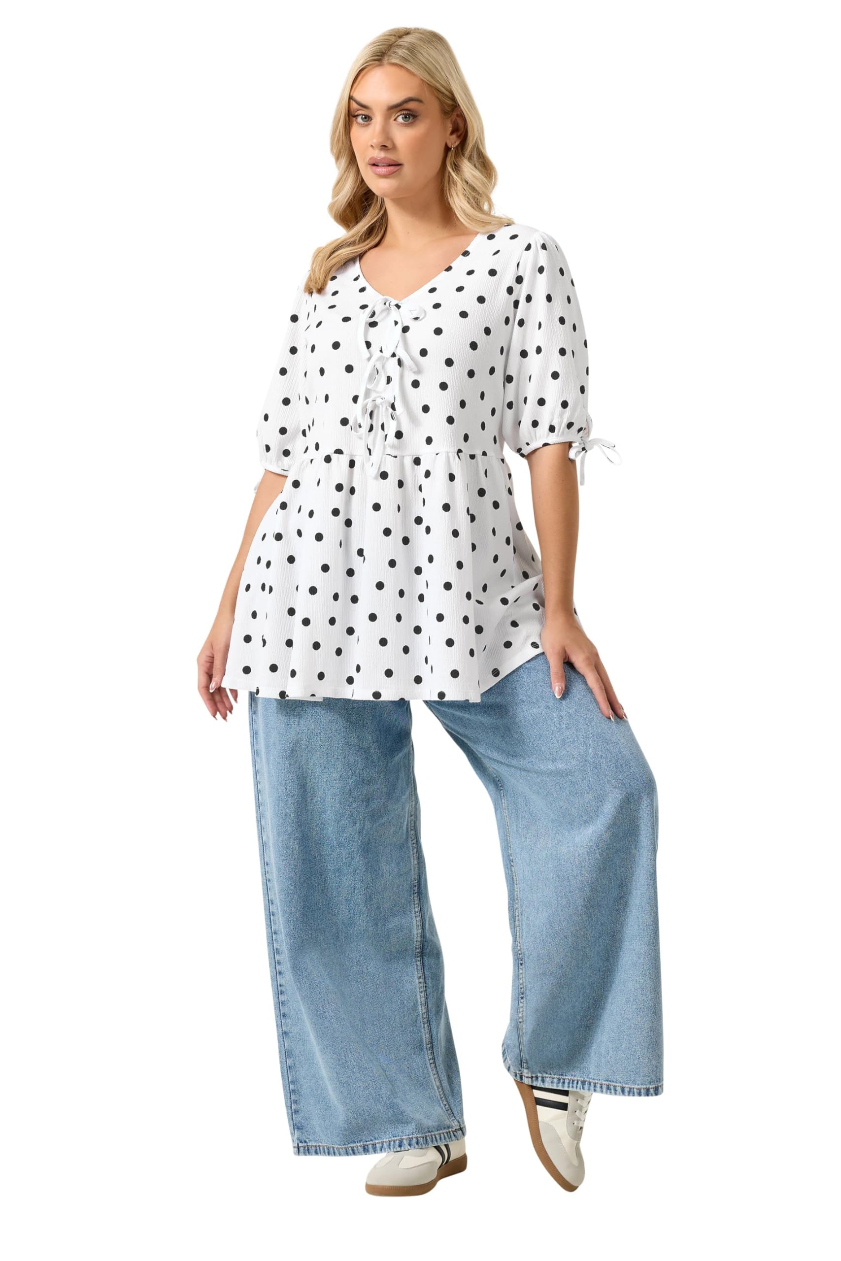 Yours Women's White Curve Polka Dot Bow Front Peplum Top - Plus Size Curve