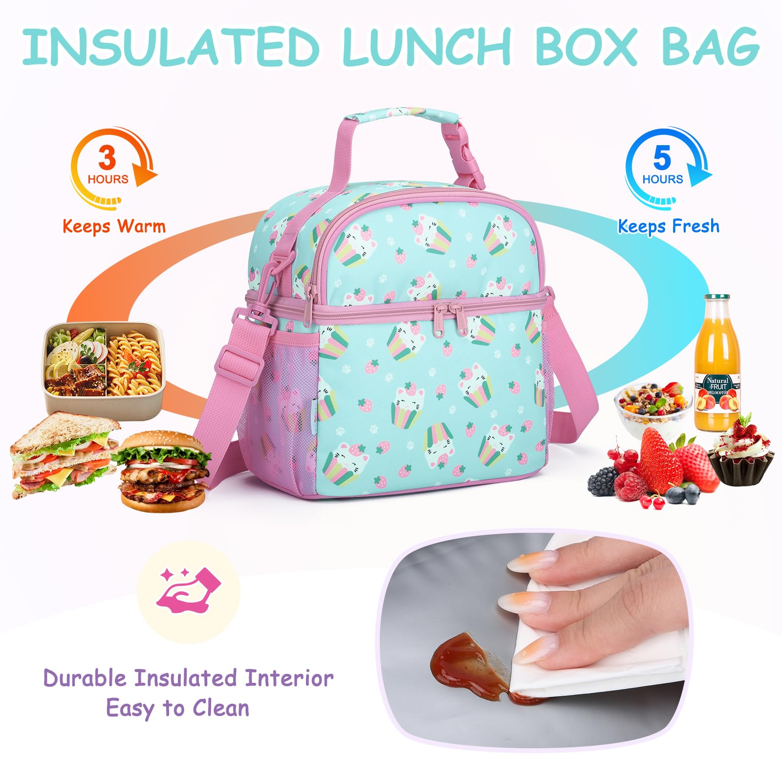 VASCHY Lunch Bag for Kids Insulated Lunch Box Double Compartments Cooler Lunch Tote for Toddlers Boys Girls School/Daycare/Picnic Cute Cats - Image 4