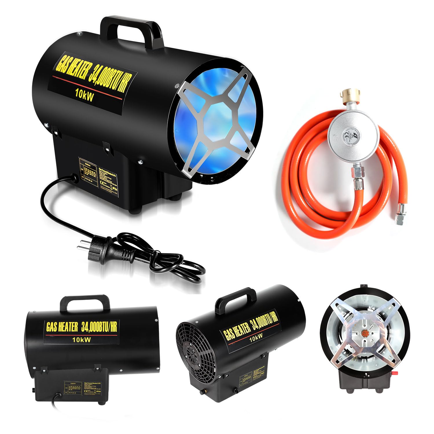 Eulenke Calefactor de gas de 10 kW, caudal de aire de 320 m³/h, incluye manguera de gas y reductor de presión, cañón de calor, generador de aire caliente, calentador de construcción con protección