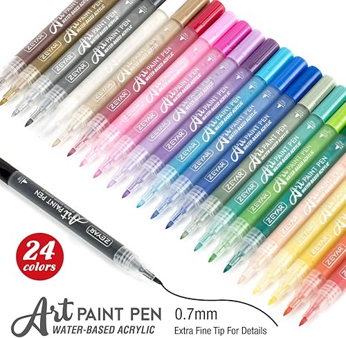 Miniatura 2 de ZEYAR Bolígrafos de pintura acrílica, extra finos, 24 colores, tinta permanente e impermeable, certificado AP, funciona en roca, madera, vidrio,
