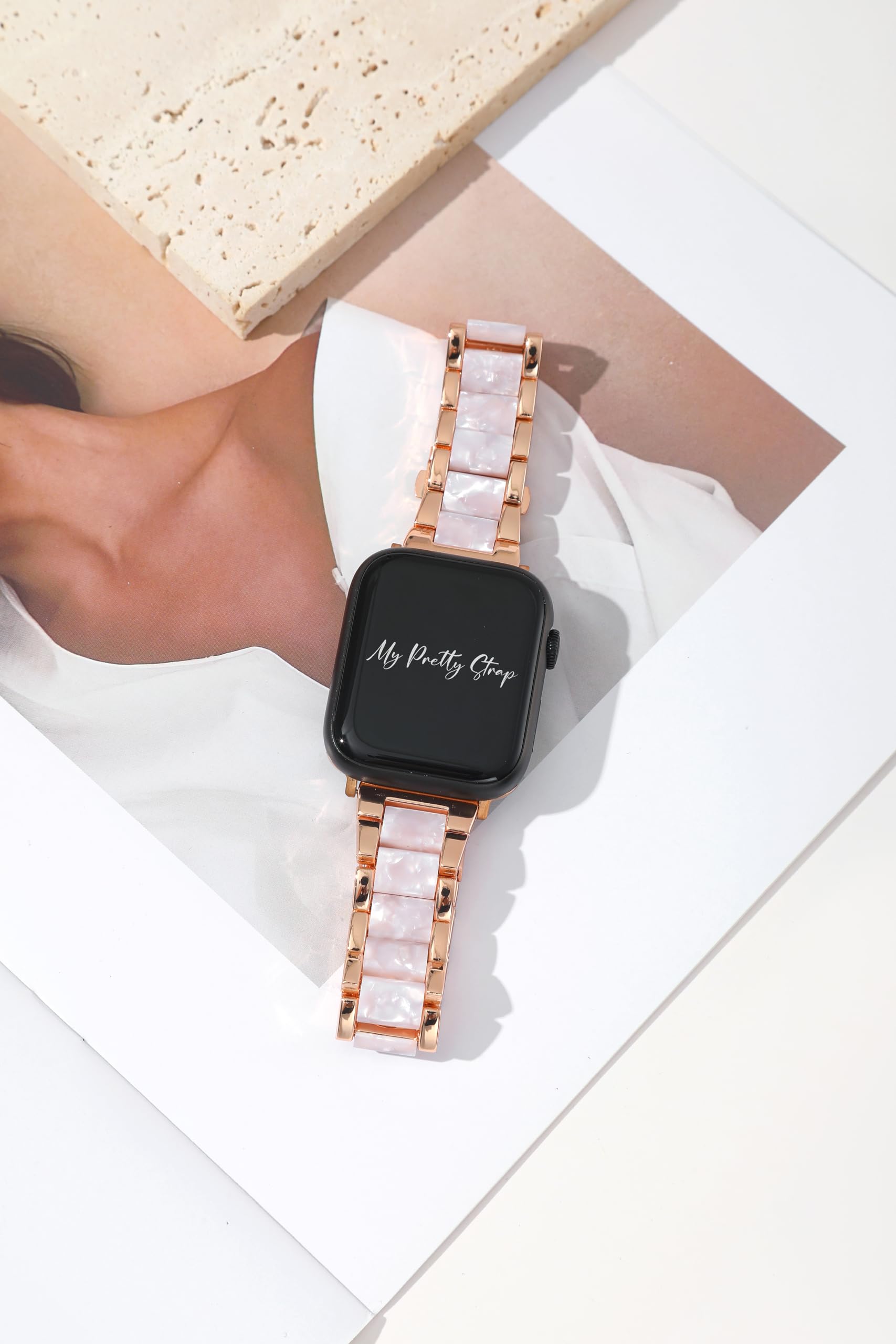 My Pretty Strap Diva Band Compatible with Apple WATCH SE Series 9 8 7 6 5 4 3 2 1, 38MM / 40MM / 41MM, Stainless Steel Metal Rose Gold for Women