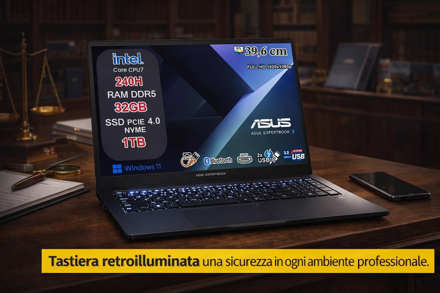 ASUS ExpertBook B1 Notebook, Intel Core 7 240H, 32GB DDR5 RAM, 1TB SSD NVMe, 15.6" Full HD, Windows 11 Pro, Fingerprint, WiFi 6, Tastiera Retroilluminata, Webcam Privacy Shutter, 2 Anni Garanzia.