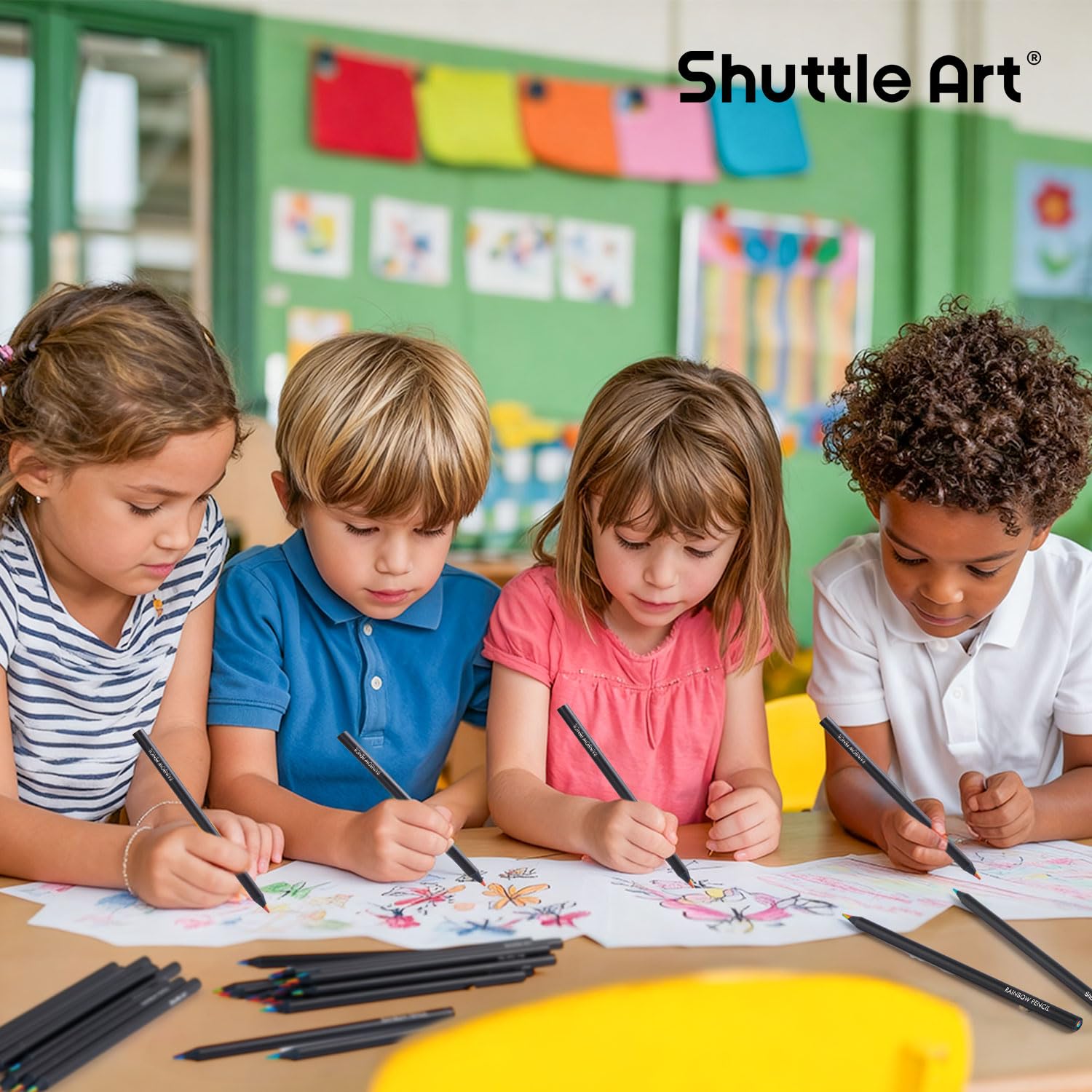Shuttle Art 120 Stück Regenbogen-Bleistifte, 7 Farben in 1 Regenbogen-Buntstifte, vorgespitzte, bruchfeste schwarze Holzstifte für Erwachsene zum Malen, Zeichnen, Skizzieren