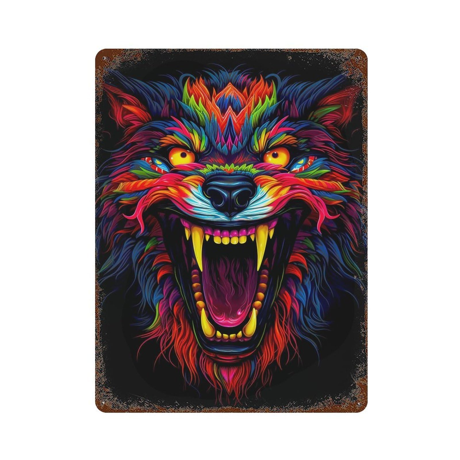 Psychedelic Wolf Neon Decorative Tin Sign 15.7"x11.8", Industrial Home Decor for Garage, Pub Or Kitchen