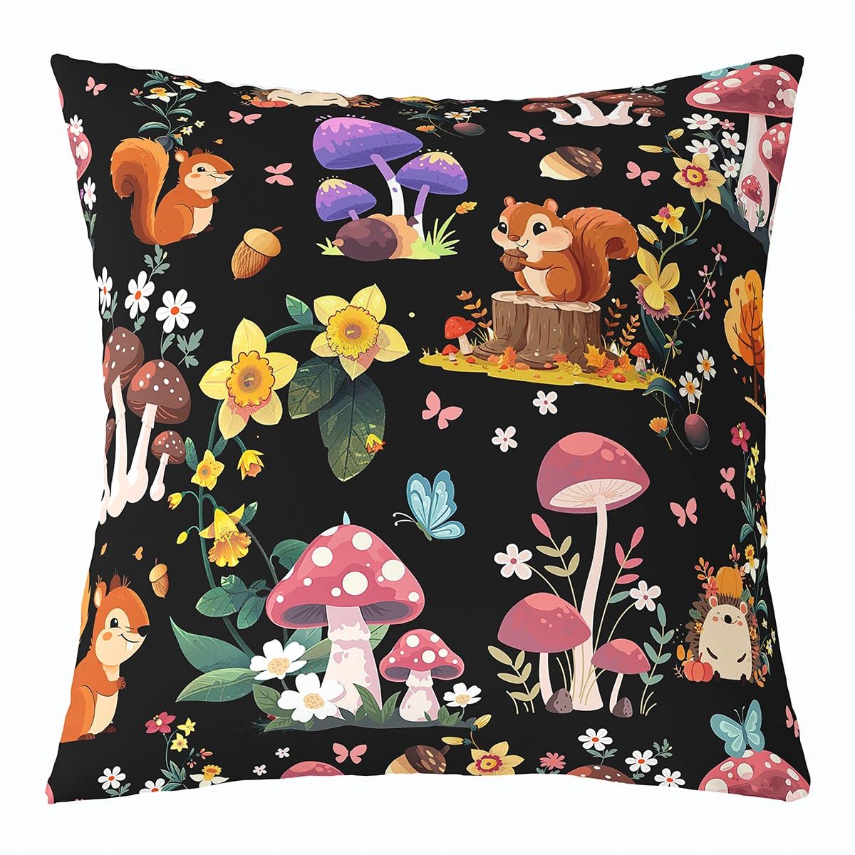 Loussiesd Cute Black Mushroom Decor Cushion Covers Set of 1 45x45cm For Bed Sofa Chair Kids Boys Girls Teens Wild Mushroom stuff Pillow Cover Kawaii Animals Cushion Case Floral Print Pillow Cases