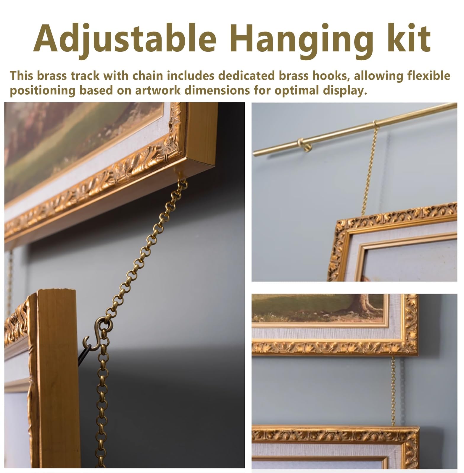 cuelga cuadros Kit de Ganchos para Cuadros en Latón para Sala, Riel Ajustable Anticorrosivo con Ganchos de Cadena, Soporte de Arte para Galería(1.2m(47") Rod)
