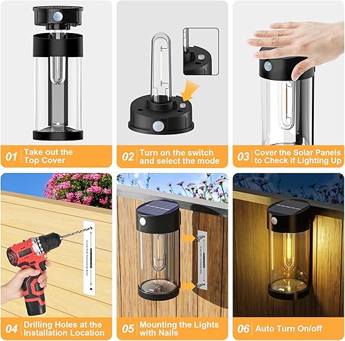 Miniatura 7 de btfarm Luces solares para valla al aire libre, sensor de movimiento, luces para exteriores, impermeables, retro de vidrio de metal, iluminación LED