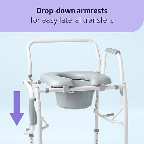 Miniatura 2 de Medline Cómoda de brazo abatible para adultos y personas mayores, asiento acolchado, orinal extraíble, protector contra salpicaduras, brazos