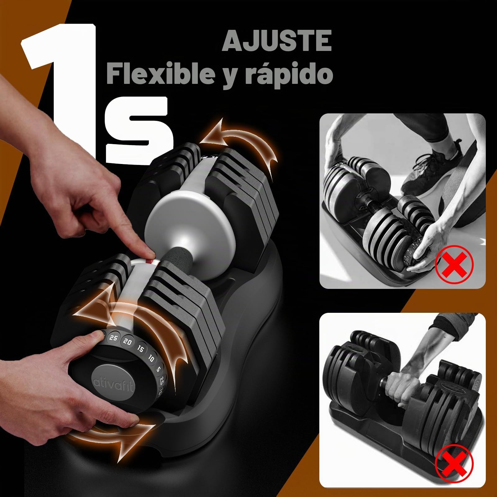 ATIVAFIT Juego de mancuernas ajustables (2 unidades) | Sistema de 12 niveles de peso (de 2,5 a 30 kg cada una) | Ajuste rápido mediante rueda, diseño ultracompacto
