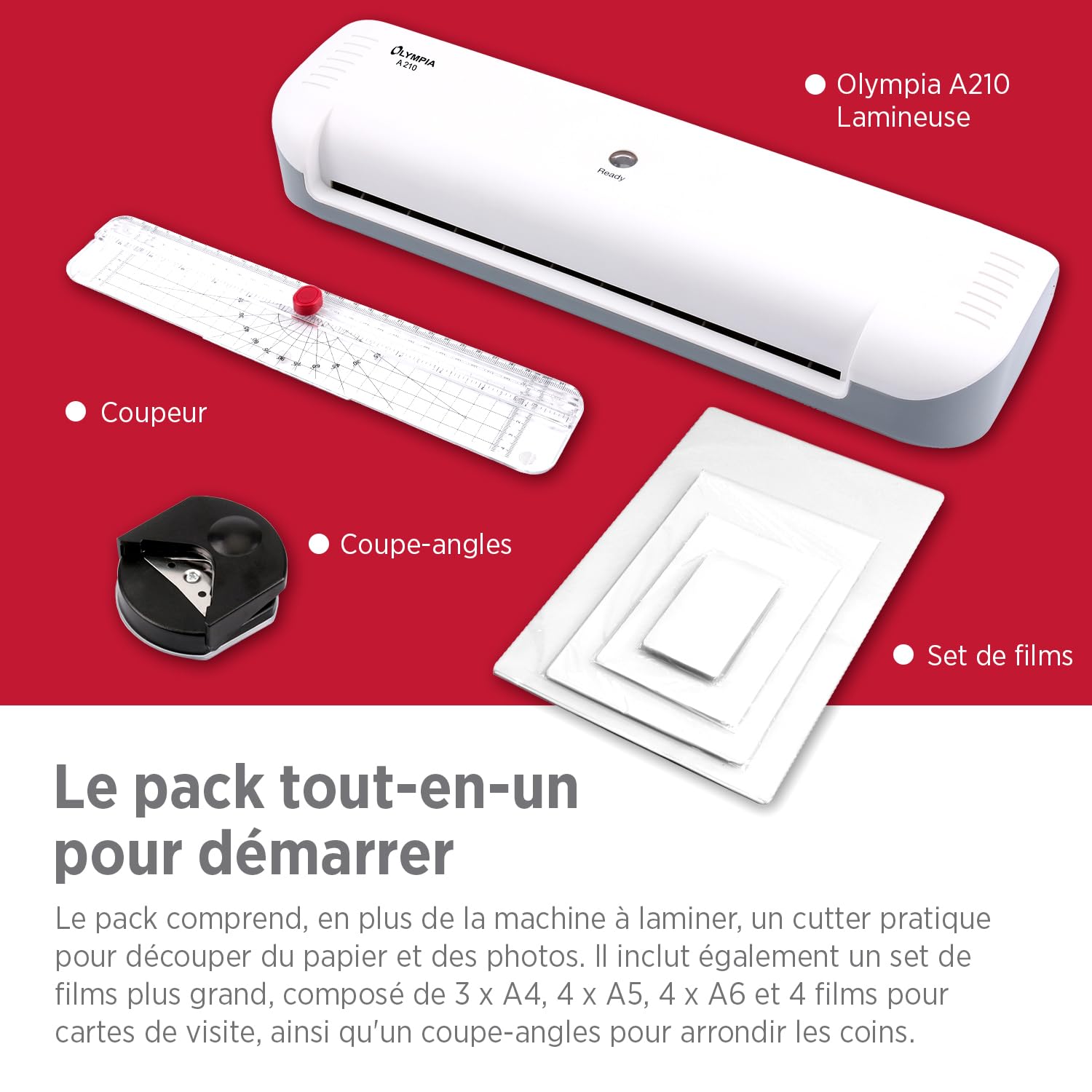 Olympia Plastifieuse A210 4 en 1 A4 | Plastifieuse, coupe-papier et arrondisseur d'angle pour bureau école maison