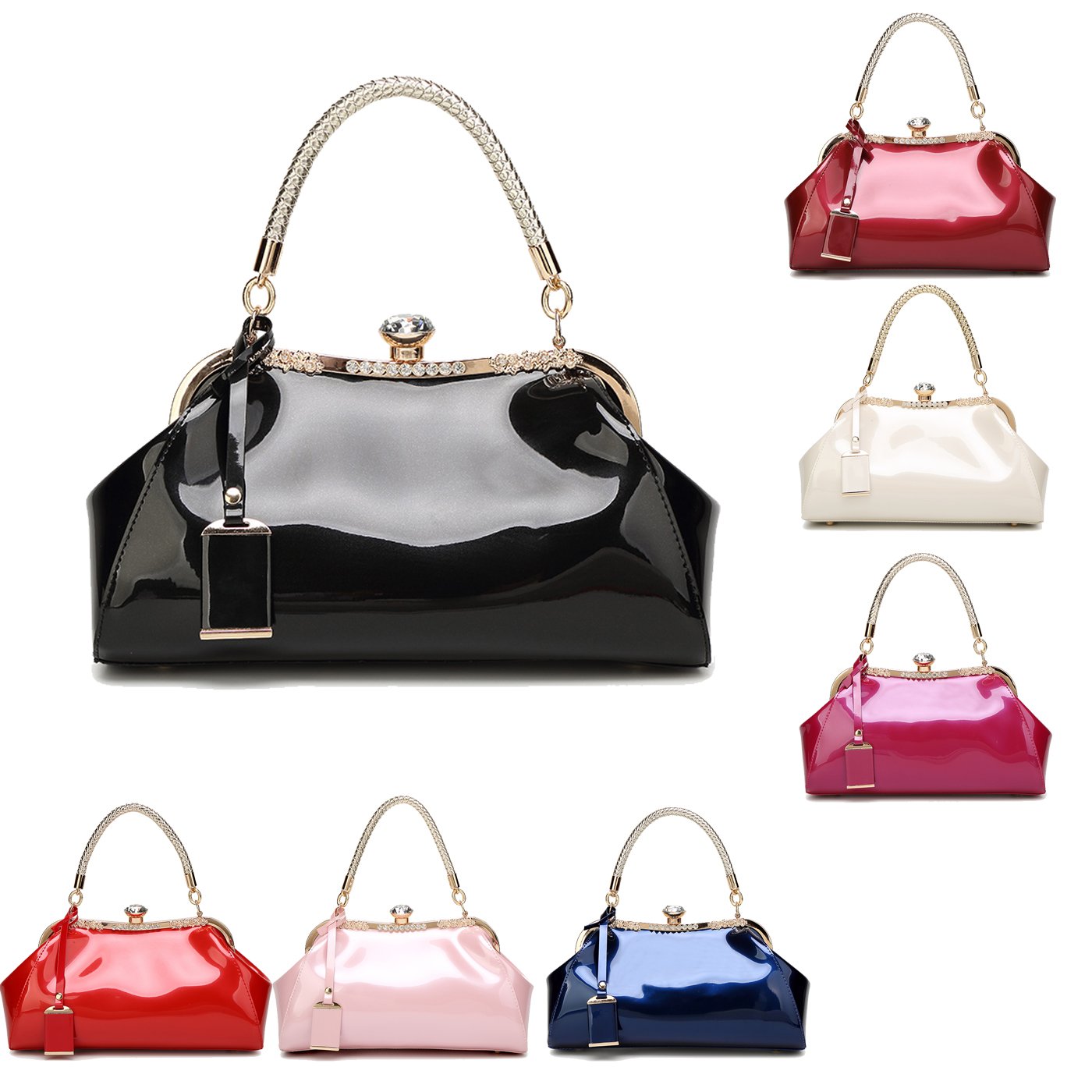 Borsa a mano con Tracolla Manico Intrecciata da Donna in Vernice PU per Signora Nero
