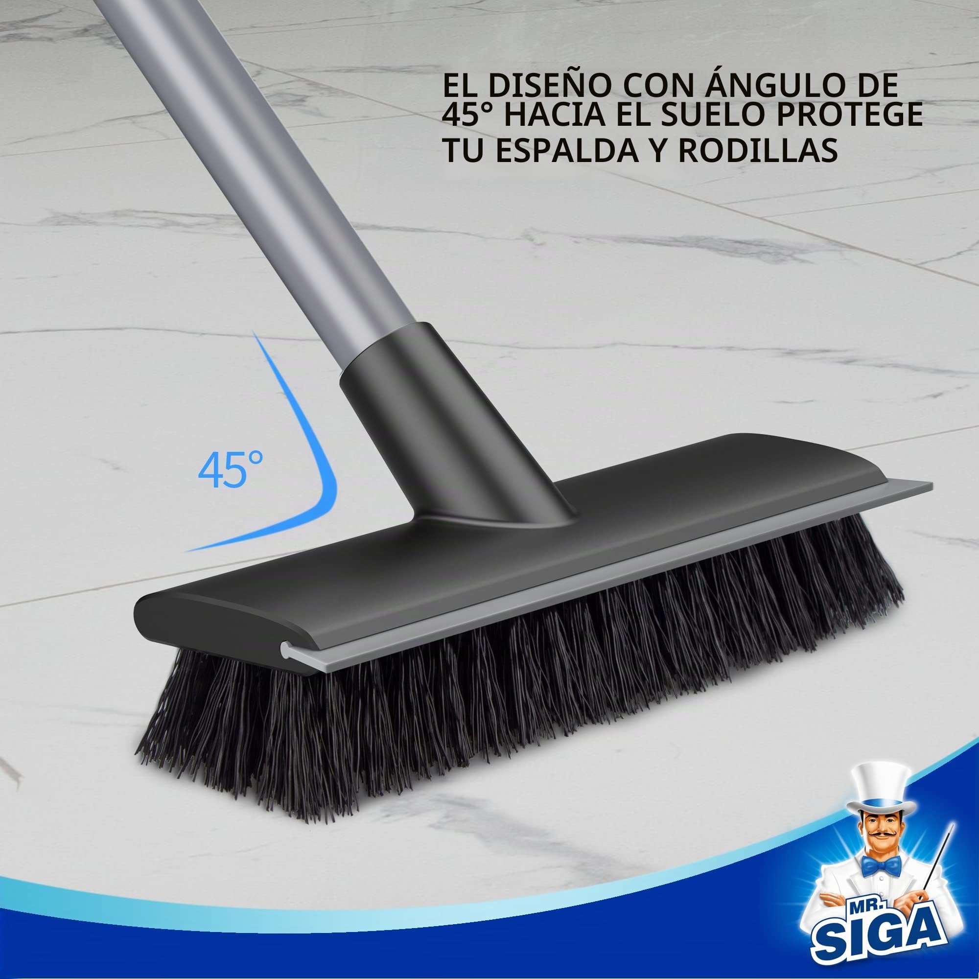 MR.SIGA Cepillo de Limpieza de Suelo con Mango Largo, 2 en 1 y escobilla de Goma para Limpiar baño, Patio, Garaje, Pared, Cepillo de Limpieza de Azulejos con cerdas rígidas