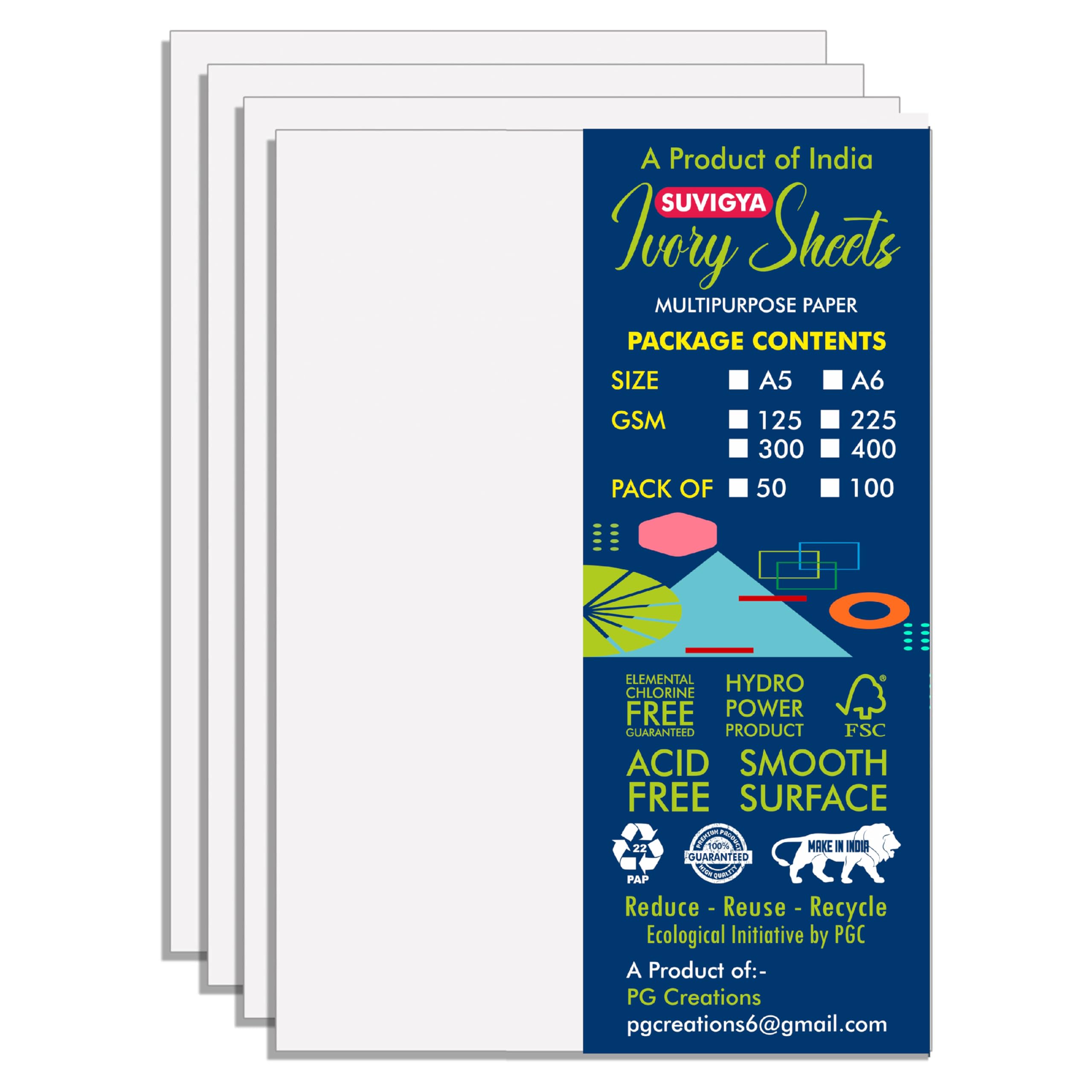 Suvigya Ivory Sheets A5 for Drawing, 5.75x8.25 Inch, A5 Size (Half of A4), Smooth Finish, 300 GSM, White, 50 Sheets