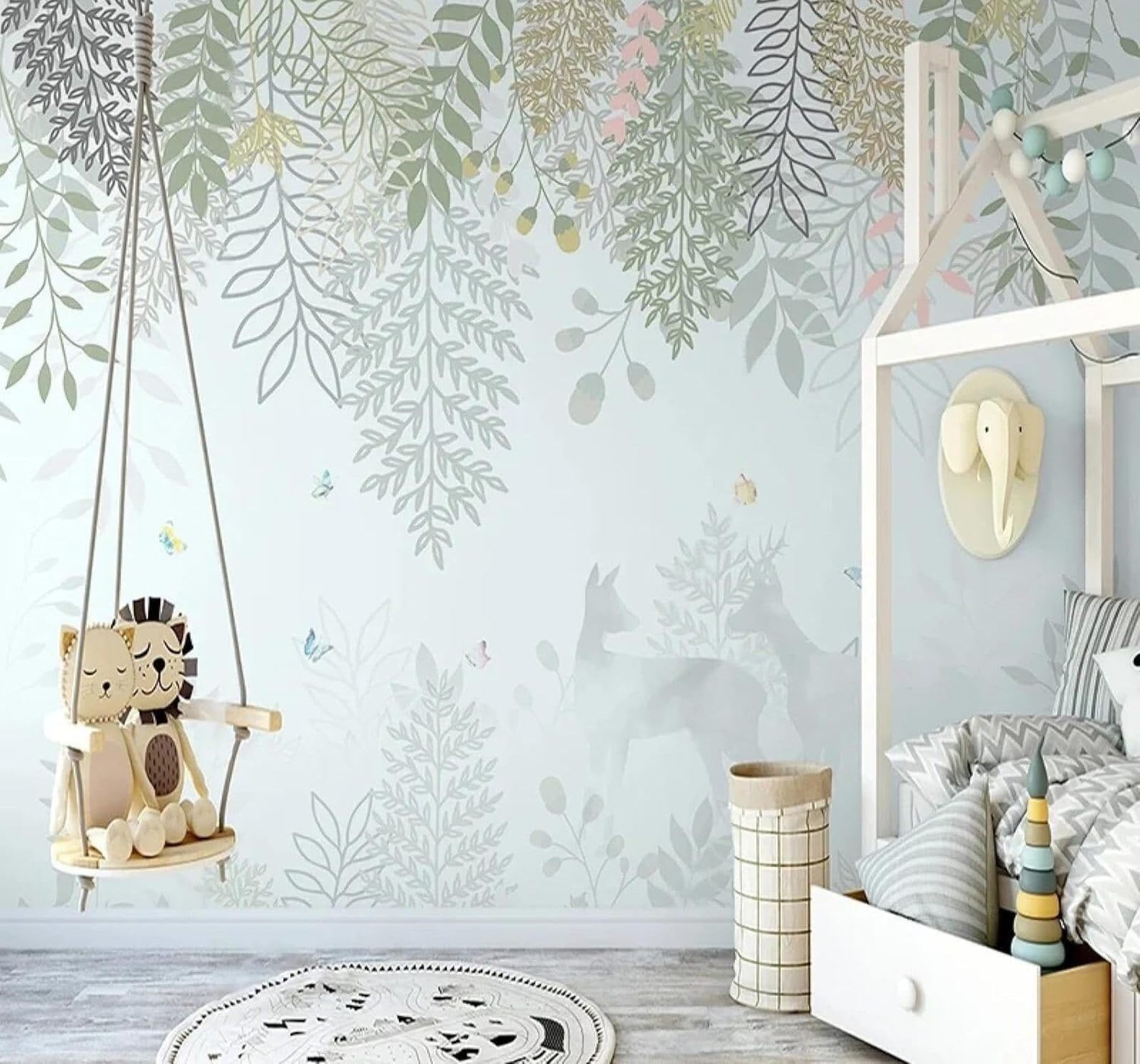 Xlming 250Cm×170Cm(B×H) Fresh Leaves Butterflies Reindeer Jungle 3D Wallpaper Luxury Home Dining Decor Paste Sofa Living Room The Wall For Bedroom Mural-250Cm×170Cm