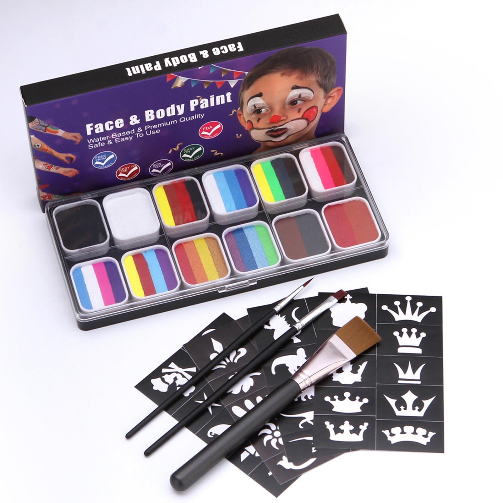 Pittura per il viso Set di 30 colori per acquerelli con 3 pennelli Kit attivato in modo sicuro per Halloween Costume Cosplay Party Festival Artisti Adulti (con 3 pennelli)