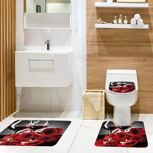 Miniatura 3 de Coxila Juego de cortinas de ducha rojas y negras, diseño de rosas de vino, diseño de flores románticas, diseño floral, tapa de inodoro, 4 piezas,
