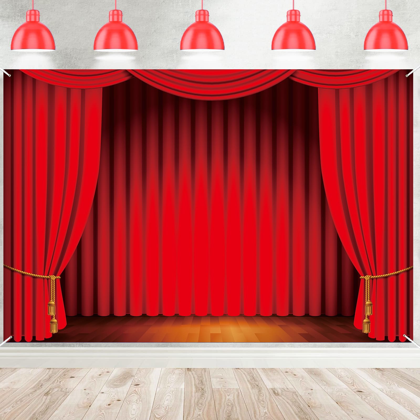 Theatre Show Backdrop Banner Theater Stage Red Curtain Backdrop Photography Background Stage Lights Drapes Decorations for Movie Night Dance Party