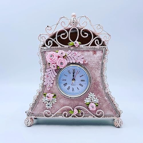Miniatura 3 de hadaaya Reloj de mesa decorativo de cuarzo de aspecto victoriano, encaje de terciopelo rosa, con cinta, rosas, cuentas de diamantes de imitación