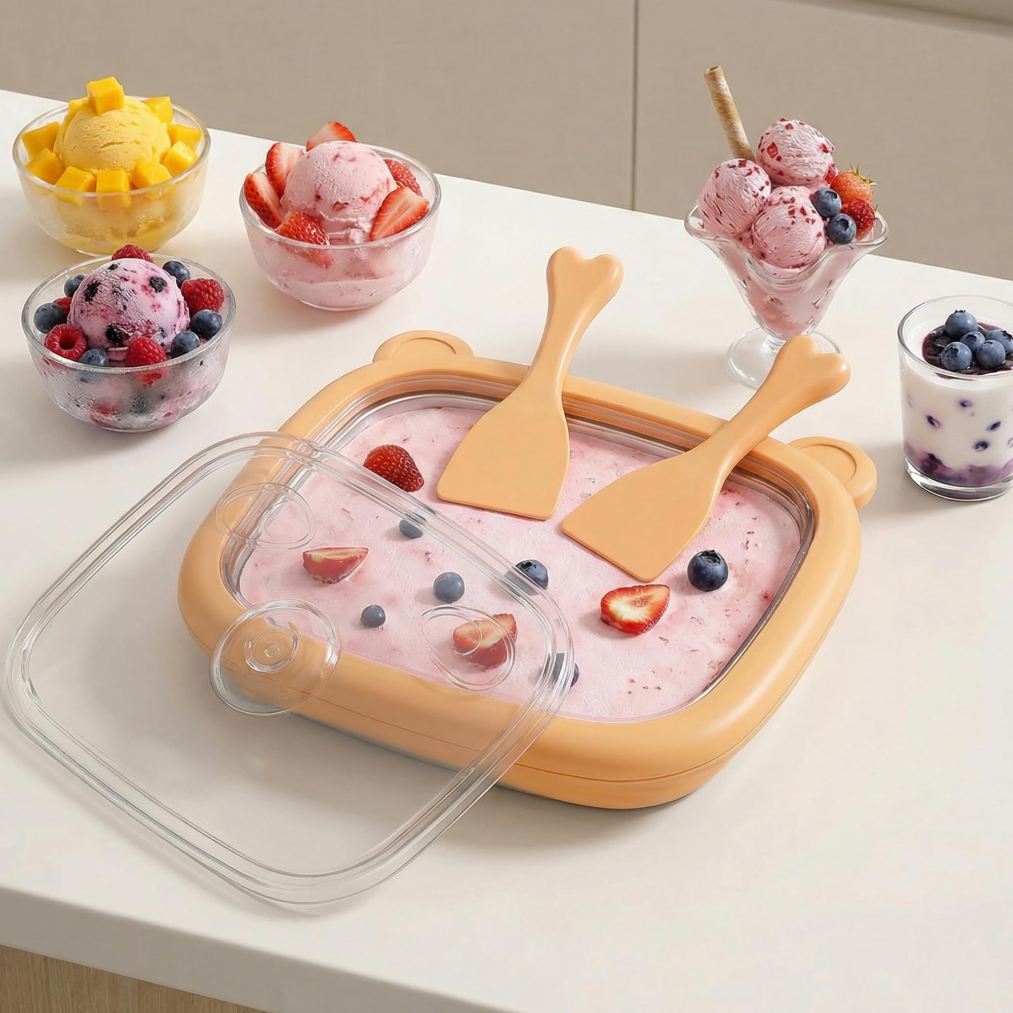 Rolled Ice Cream Maker with Lid 2 Spatulas Instant Ice Cream Roller Tray for Homemade Frozen Yogurt Sorbet