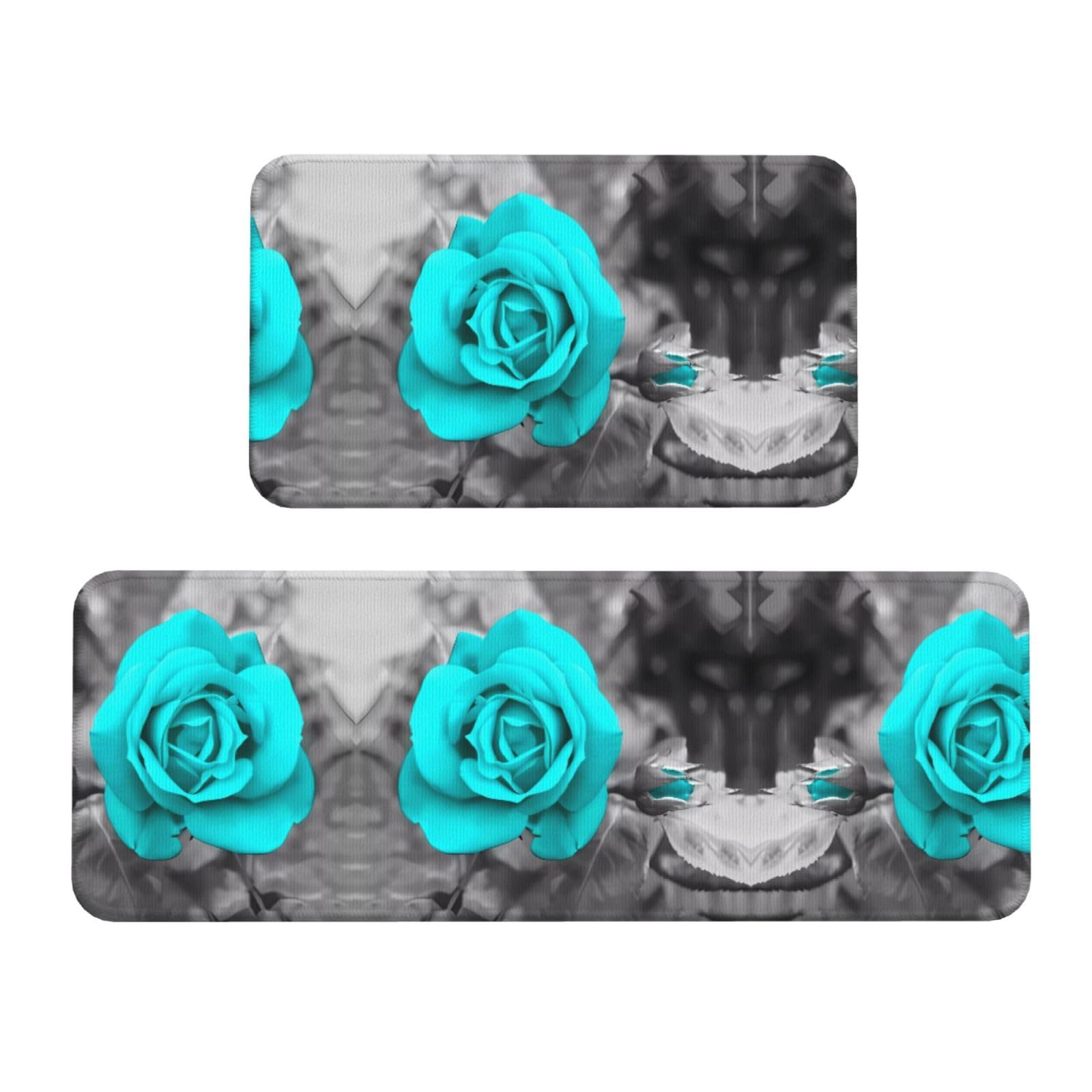 Alfombrillas de cocina de rosas azules lavables con base de gran agarre