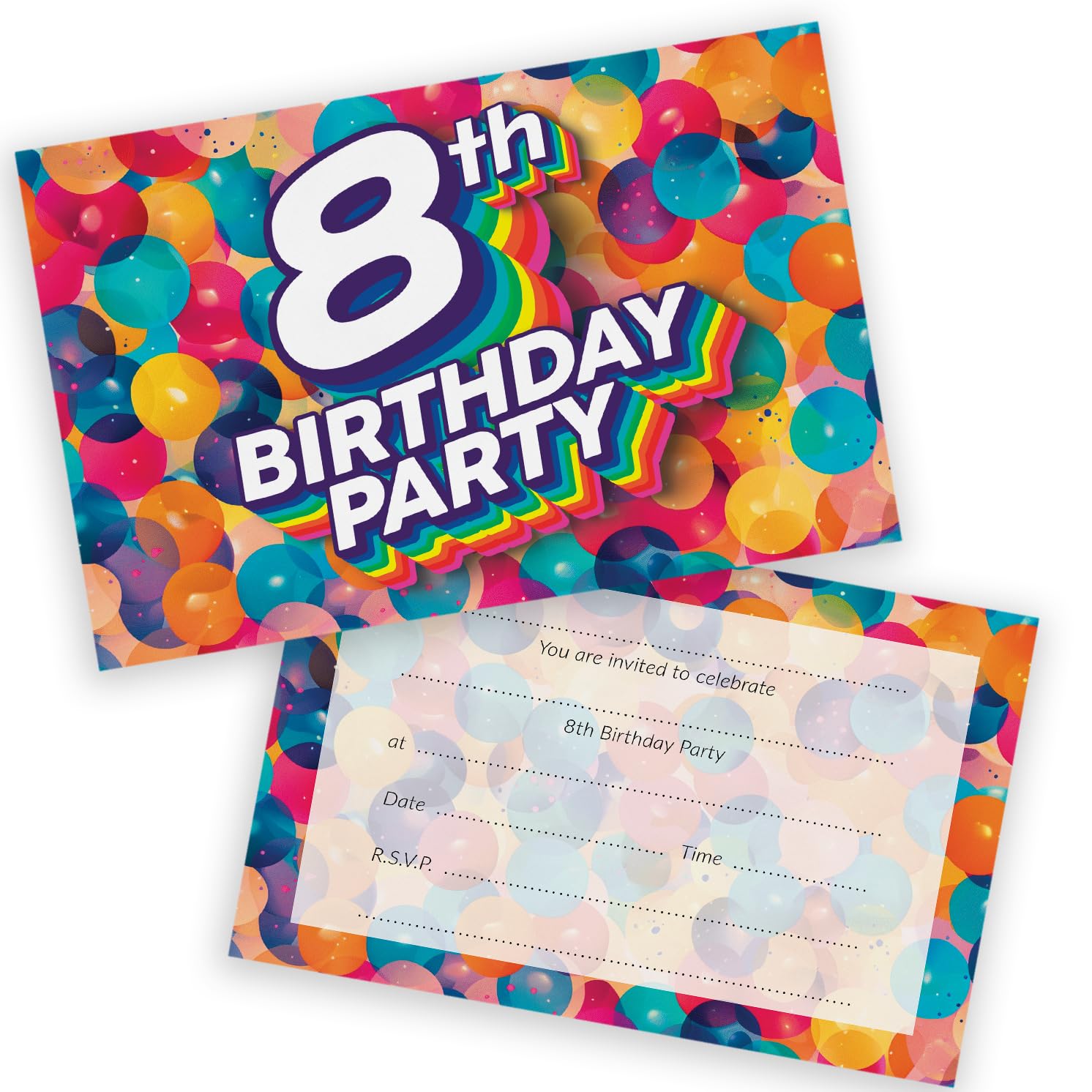 8th Birthday Party Invitations Kids - Rainbow Balloons 36 Pack - Childrens Birthday Invitations for Boys/Girls A6 Bday Party Invites Invitation Cards with Folding Envelopes