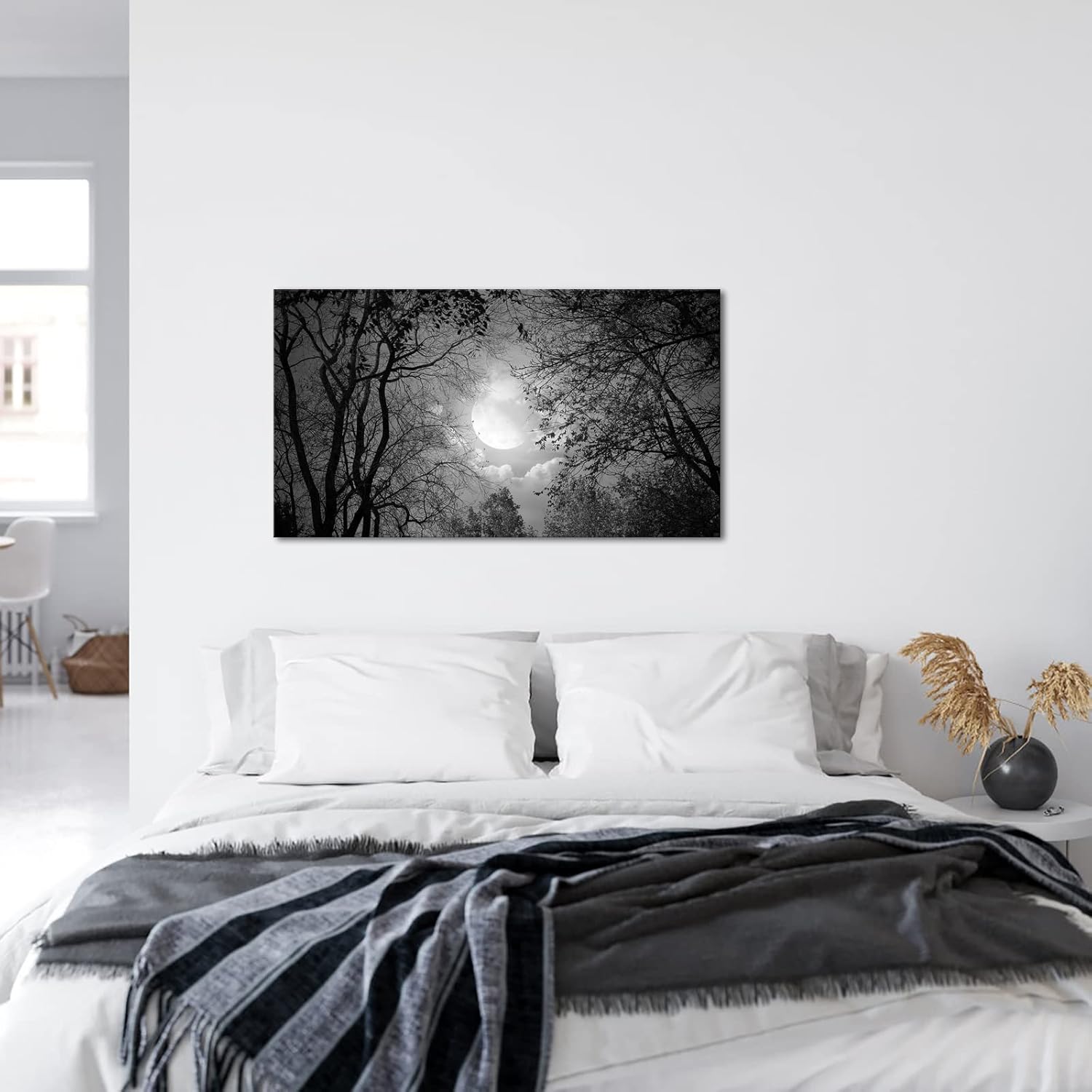 Visual Art Decor Black and White Full Moon Picture Wall Decor Nature Forest Landscape Wall Art Night Scenery Art Print Framed Ready to Hang, 20inchx36inch