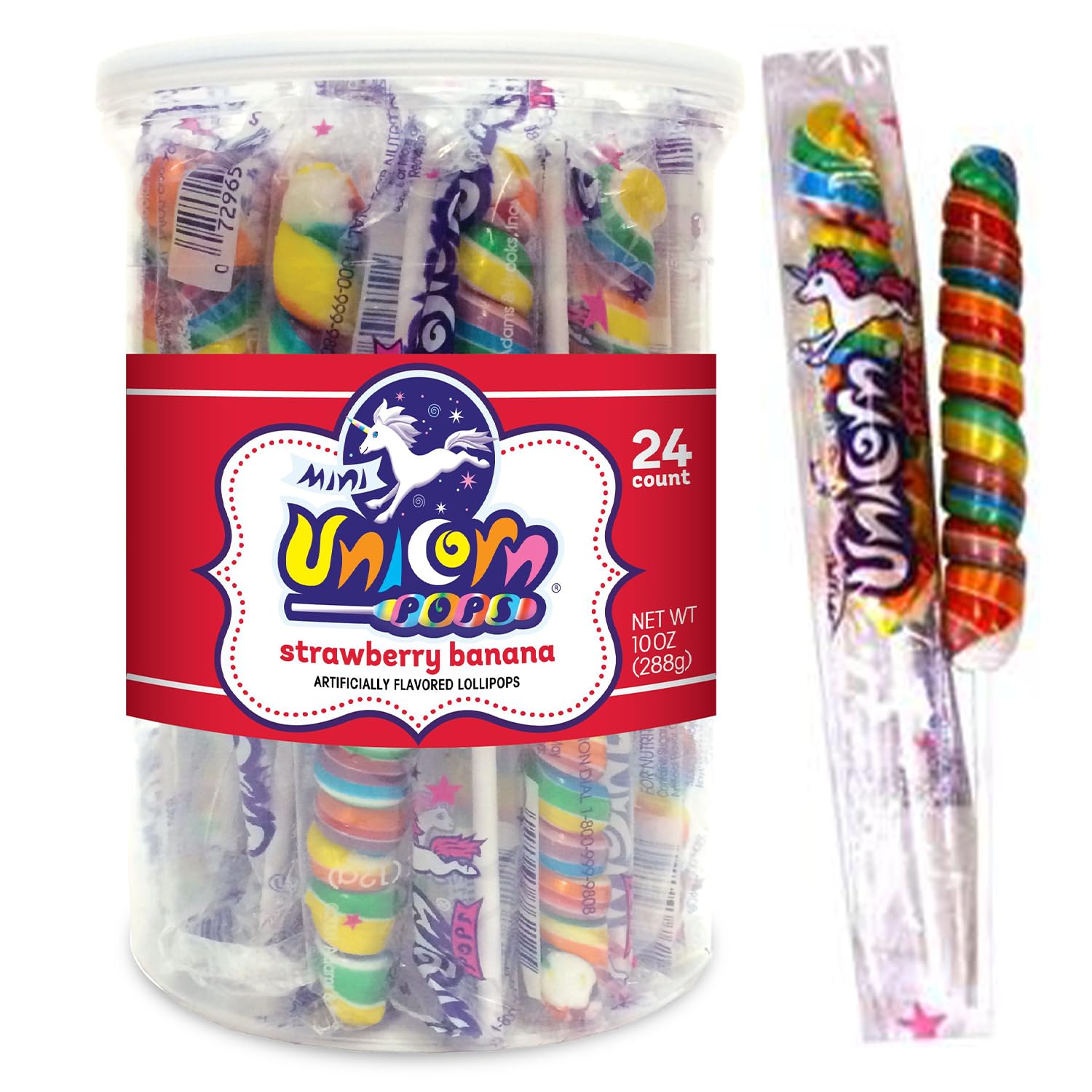 Adams & Brooks Strawberry Banana Mini Unicorn Pops, 10 oz Jar (24 ct.) - Twisty Unicorn Lollipops, Individually Wrapped Candy for Kids & Adults, Perfect for Birthday Party Favors, Goodie Bags, & More10 oz Jar