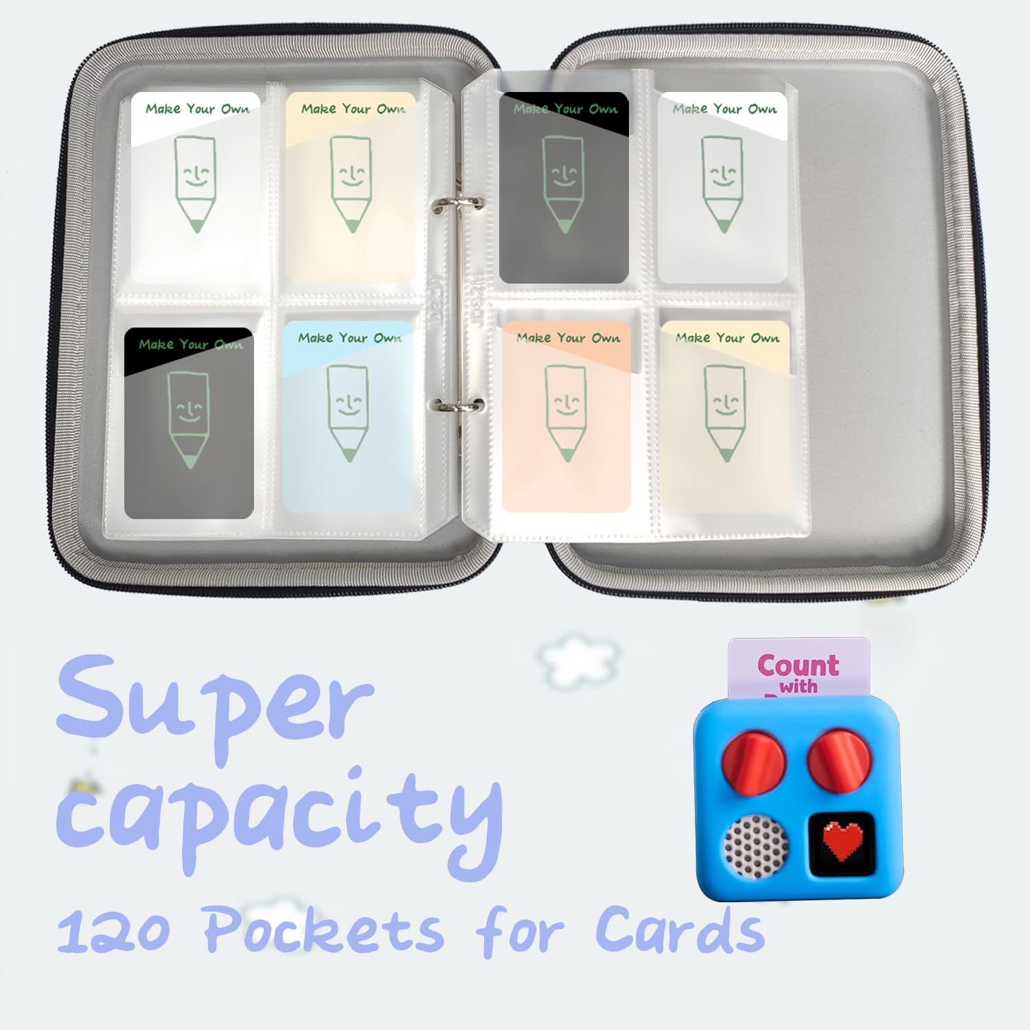 Card Case for Yoto cards 120 Pockets, Large Capacity Portable Folder with 2 Zipper and Carry Strap, Card Binder Holder with Sleeves for Travel (Grey) : Toys & Games