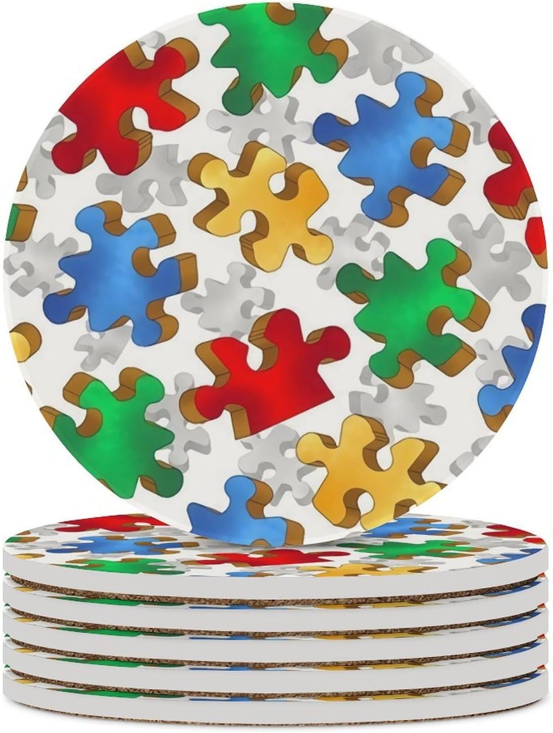 Autism Puzzle Circular Ceramic Absorbent Coaster, Suitable for Various Cups 6PCS