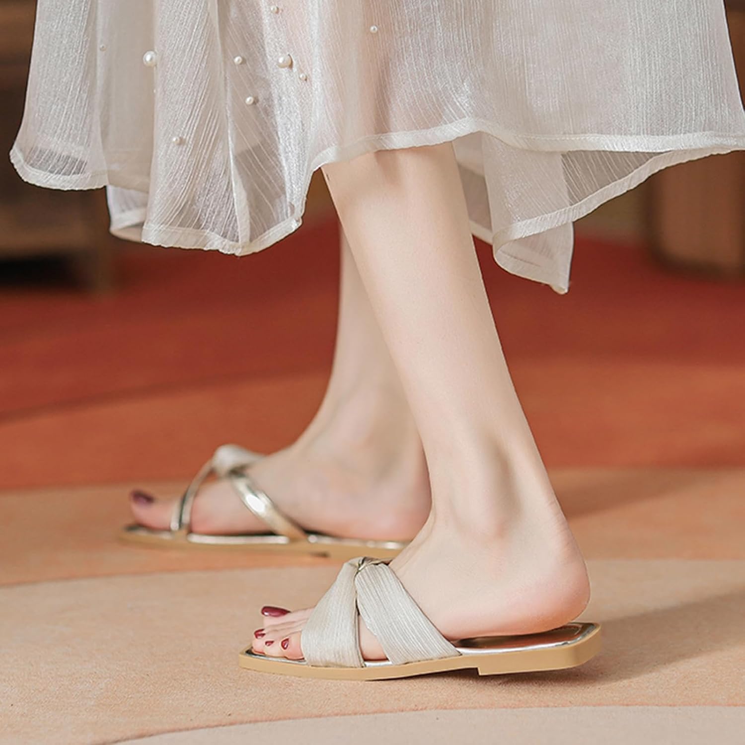 Womens Summer Square Open Toe Flat Slides Comfortable Slip On Crossed Strap Slide Sandals For Casual Daily Vacation Indoor Outdoor