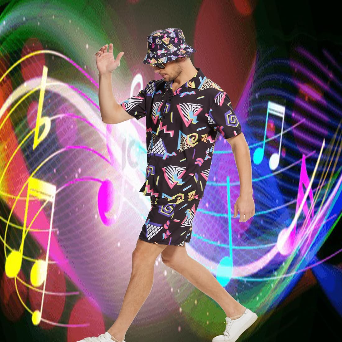 CEKUIA 80s 90s Fancy Dress Shell Suit Disco T-shirts Shorts Set Costume Hip-hop Sportswear for Men Women Tracksuit with Glasses and Hat - Image 6
